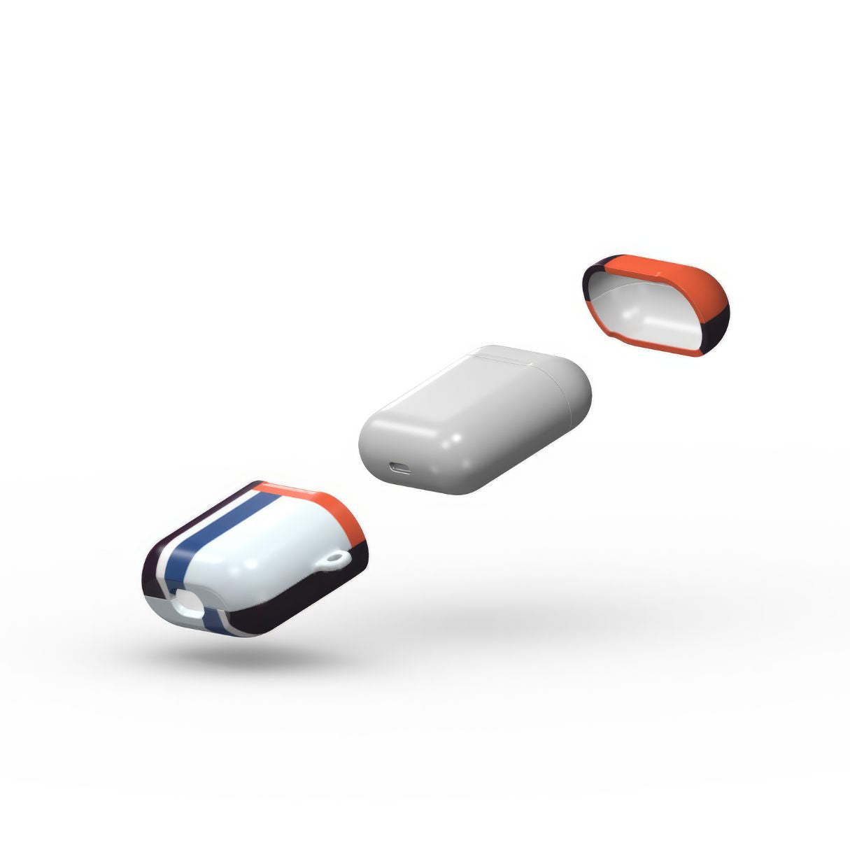 Apple AirPods 1 and 2 tough case Retro Stripes Blue pattern design with a bold color blocks in vintage, mid century modern style, featuring an elegant and expressive aesthetic design. Main colors are deep purple, navy, light blue and orange red. Extend view.