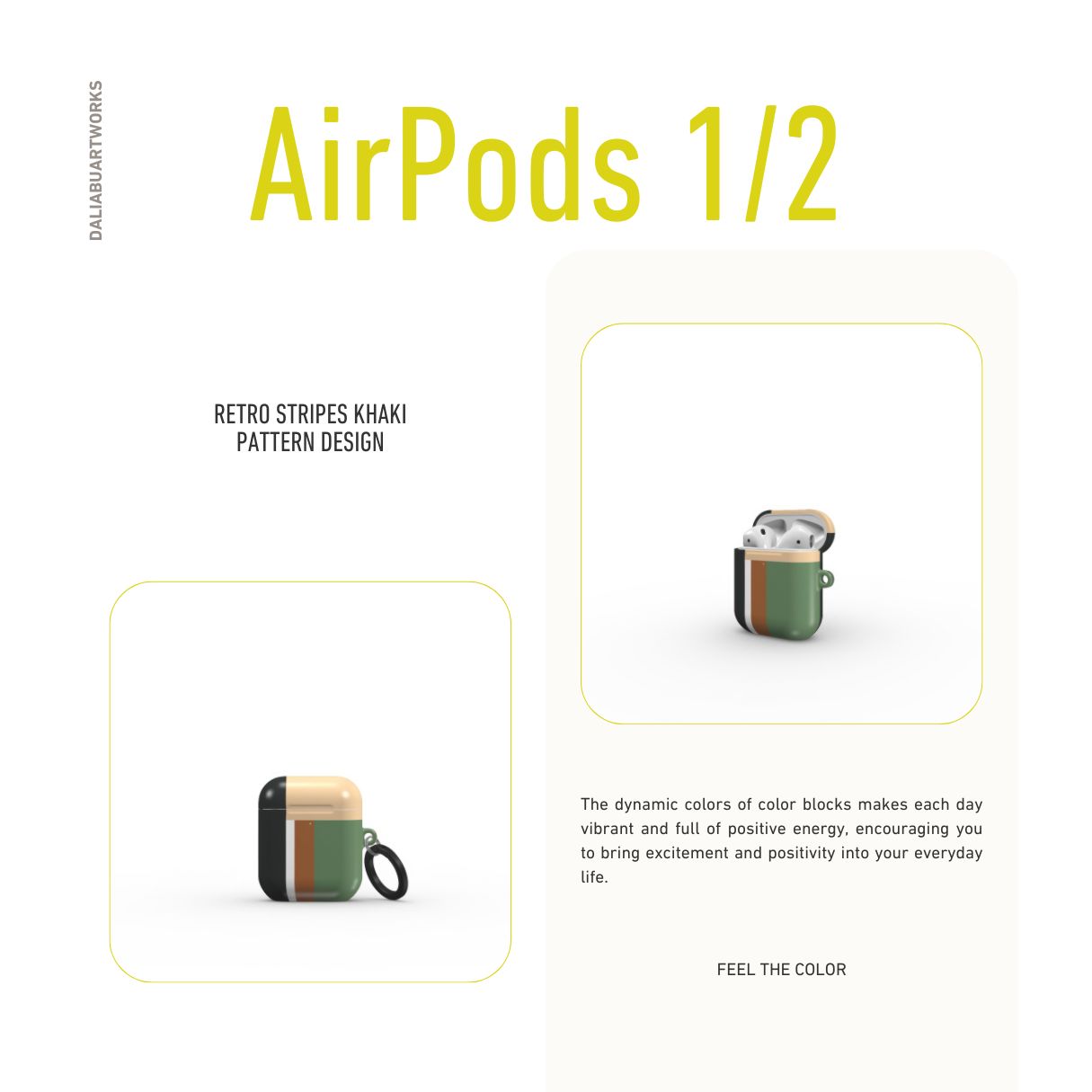 Apple AirPods 1 and 2 tough case Retro Stripes Khaki pattern design with a bold color blocks in vintage, mid century modern style, featuring an elegant and expressive aesthetic design. Main colors are khaki, dark green, brown and cappuccino. Front view.