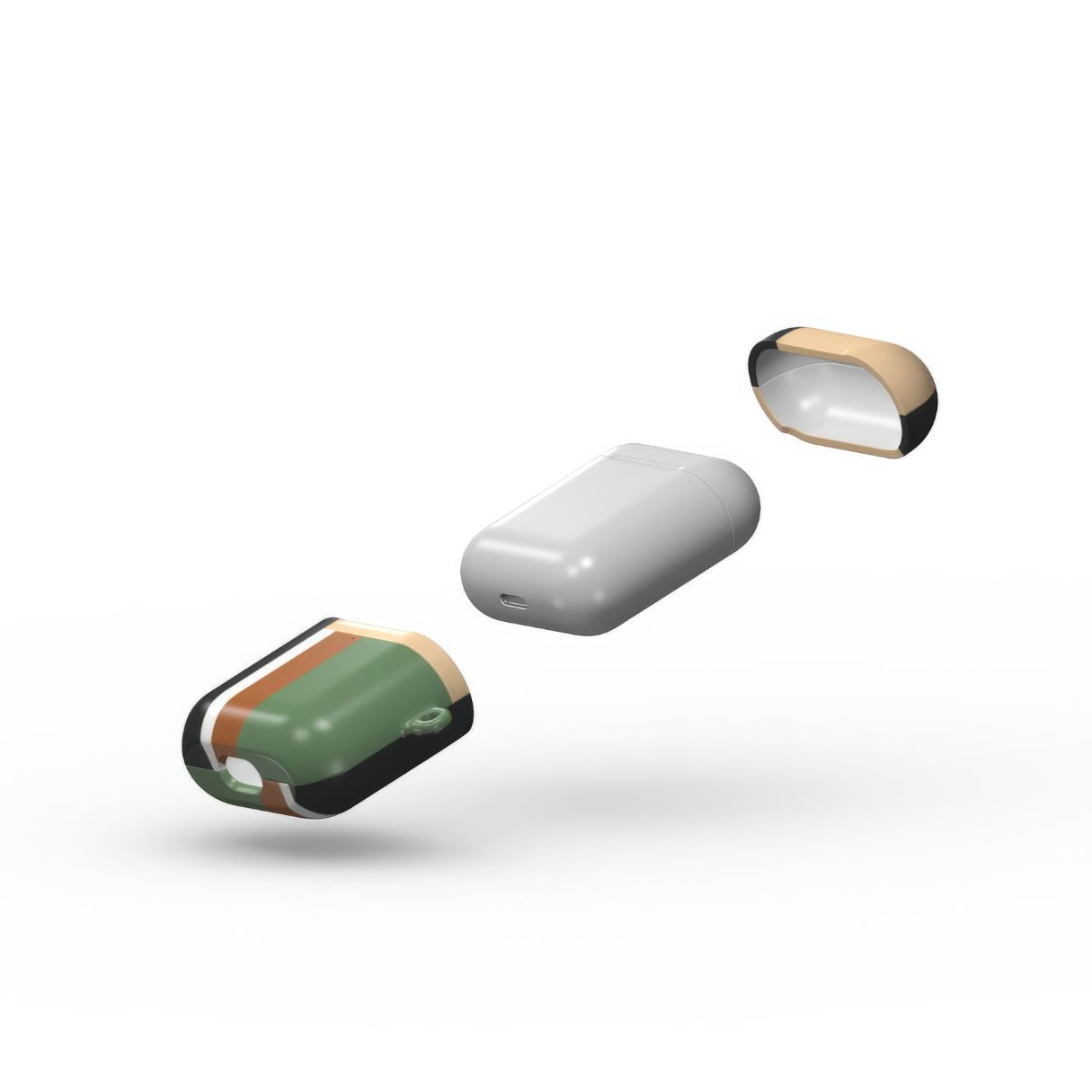 Apple AirPods 1 and 2 tough case Retro Stripes Khaki pattern design with a bold color blocks in vintage, mid century modern style, featuring an elegant and expressive aesthetic design. Main colors are khaki, dark green, brown and cappuccino. Extend view.