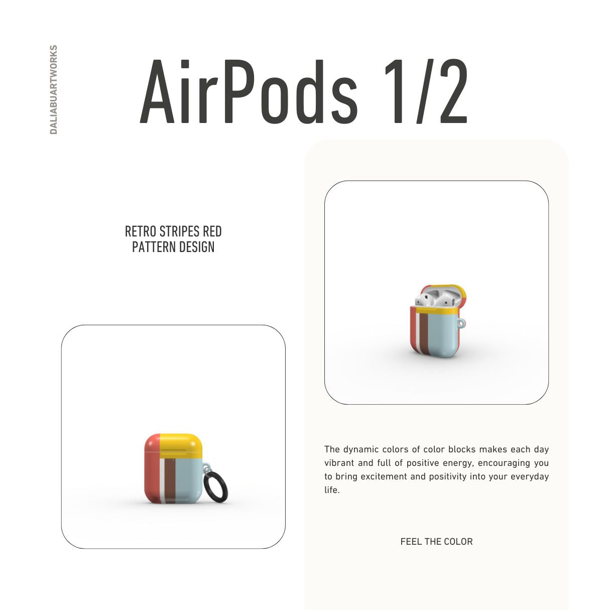 AirPods 1 and 2 tough case Retro Stripes Red pattern design with a bold color blocks in vintage, mid century modern style, featuring an elegant and expressive aesthetic design. Main colors are yellow, muted red and light blue. Front view.