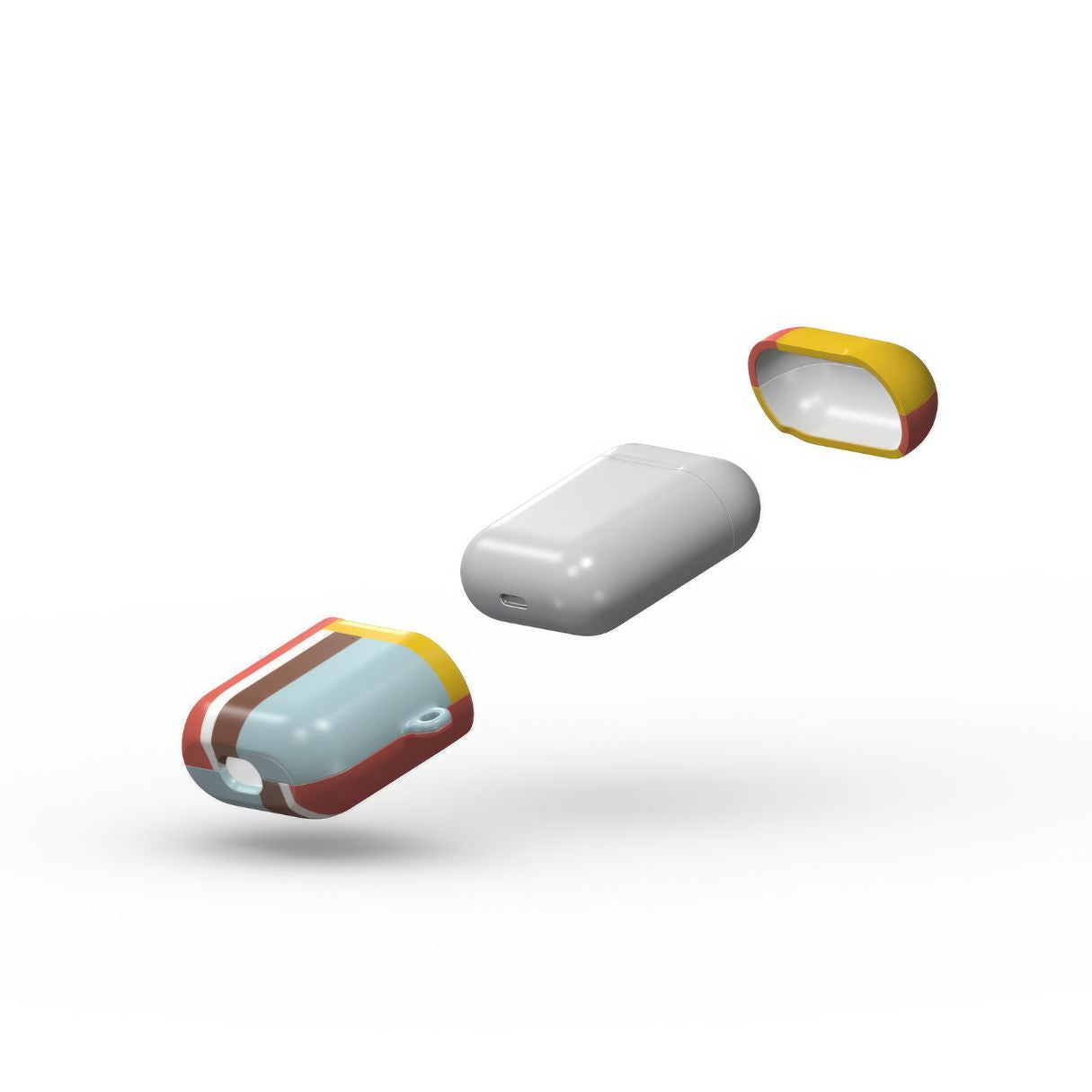 AirPods 1 and 2 tough case Retro Stripes Red pattern design with a bold color blocks in vintage, mid century modern style, featuring an elegant and expressive aesthetic design. Main colors are yellow, muted red and light blue. Extend view.