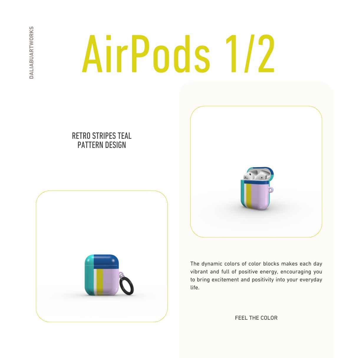 AirPods 1 and 2 tough shell case Retro Stripes Teal pattern design with a bold color blocks in vintage, mid century modern style, featuring an elegant and expressive aesthetic design. Main colors are navy blue, teal green, lilac and yellow. Front view.