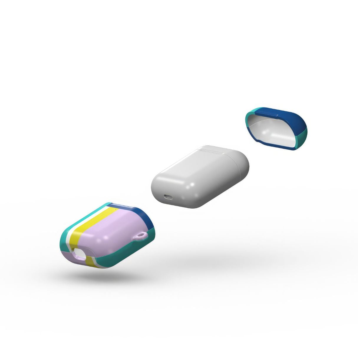 AirPods 1 and 2 tough shell case Retro Stripes Teal pattern design with a bold color blocks in vintage, mid century modern style, featuring an elegant and expressive aesthetic design. Main colors are navy blue, teal green, lilac and yellow. Extend view.