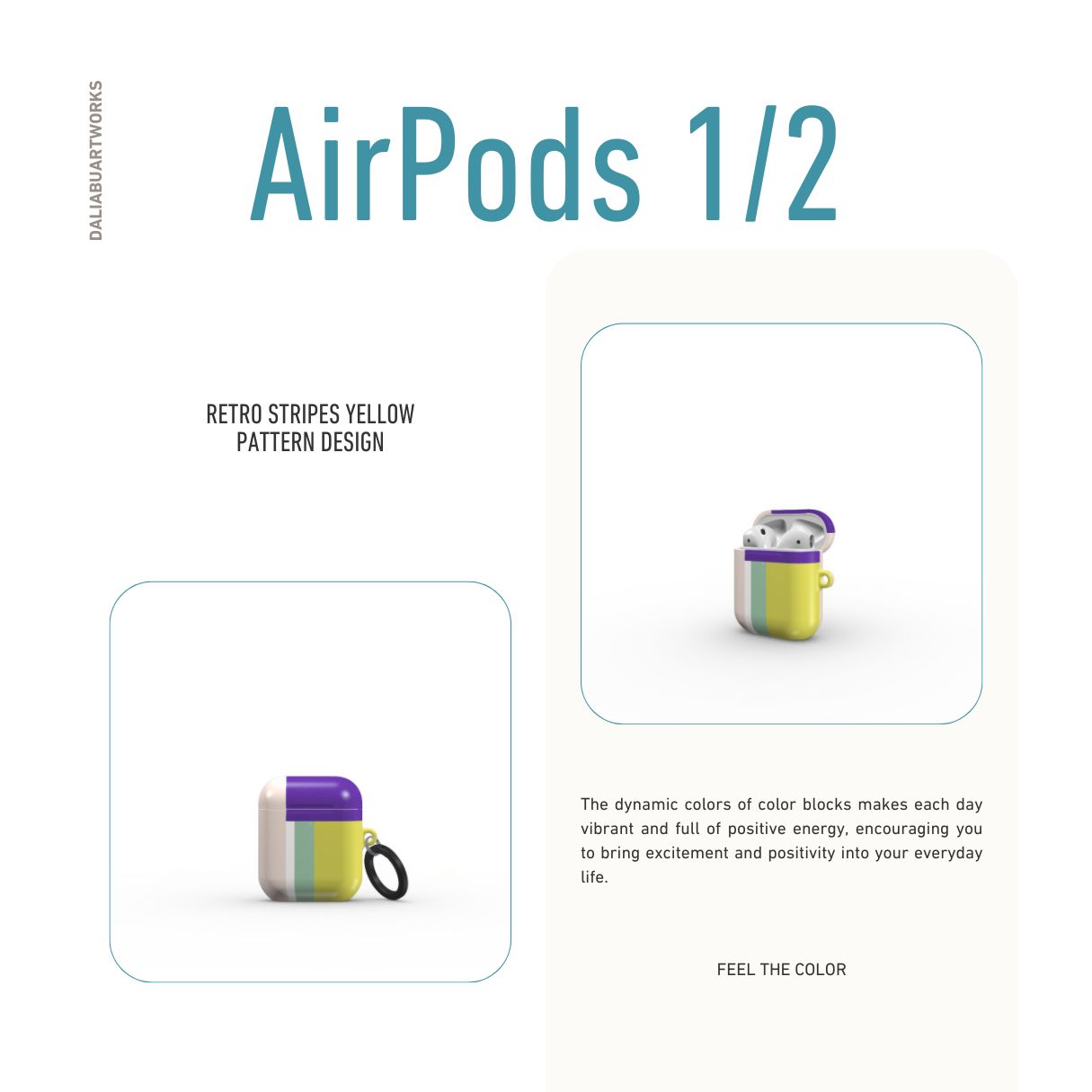 AirPods 1 and 2 tough case Retro Stripes Yellow pattern design with a bold color blocks in vintage, mid century modern style, featuring an elegant and expressive aesthetic design. Main colors are mustard yellow, purple and light pink. Front view.