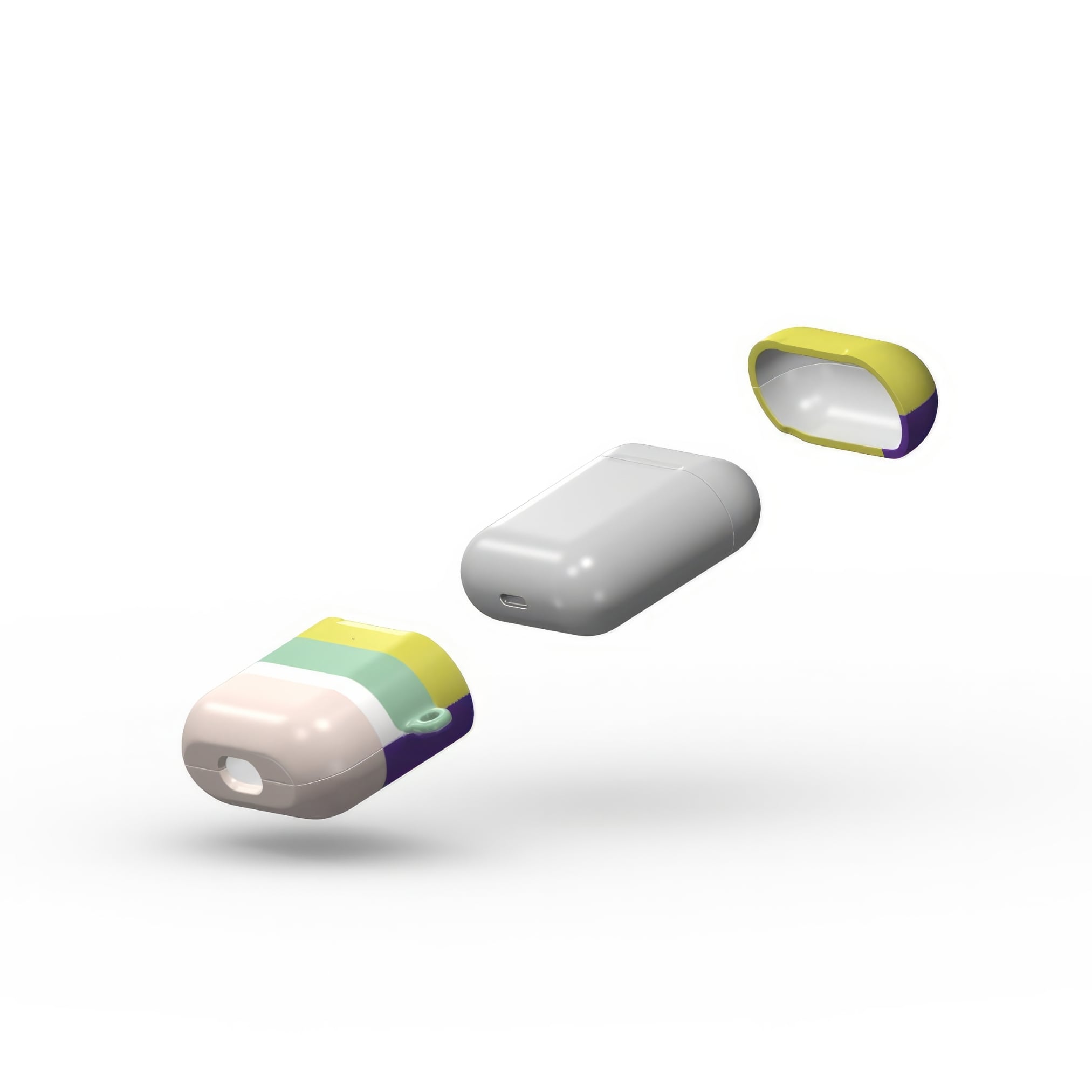 AirPods 1 and 2 tough case Retro Stripes Yellow pattern design with a bold color blocks in vintage, mid century modern style, featuring an elegant and expressive aesthetic design. Main colors are mustard yellow, purple and light pink. Extend view.