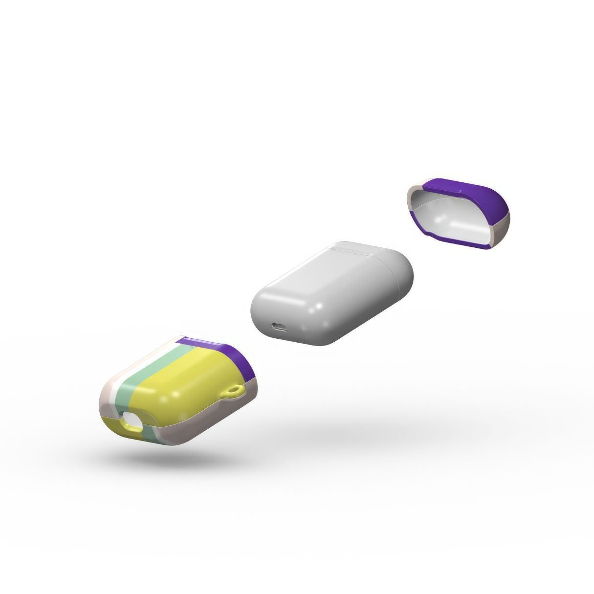 AirPods 1 and 2 tough case Retro Stripes Yellow pattern design with a bold color blocks in vintage, mid century modern style, featuring an elegant and expressive aesthetic design. Main colors are mustard yellow, purple and light pink. Extend view.