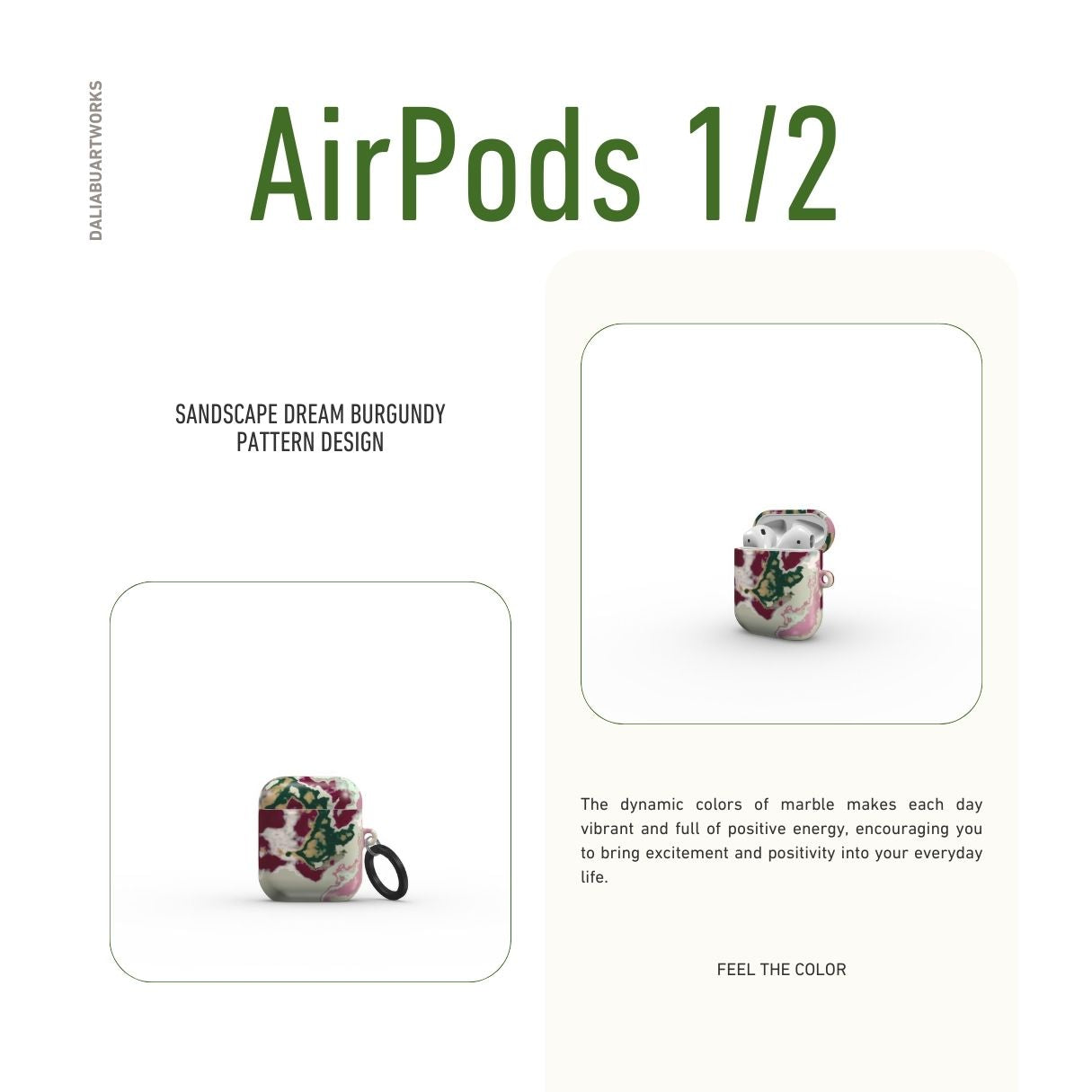 AirPods 1/2 generation case with Sandscape Dream Burgundy pattern in artistic, abstract shape. Beige, green and bordeaux color combination. Bold expressive aesthetic design. Colorful and interior fit. Elegant. Description.