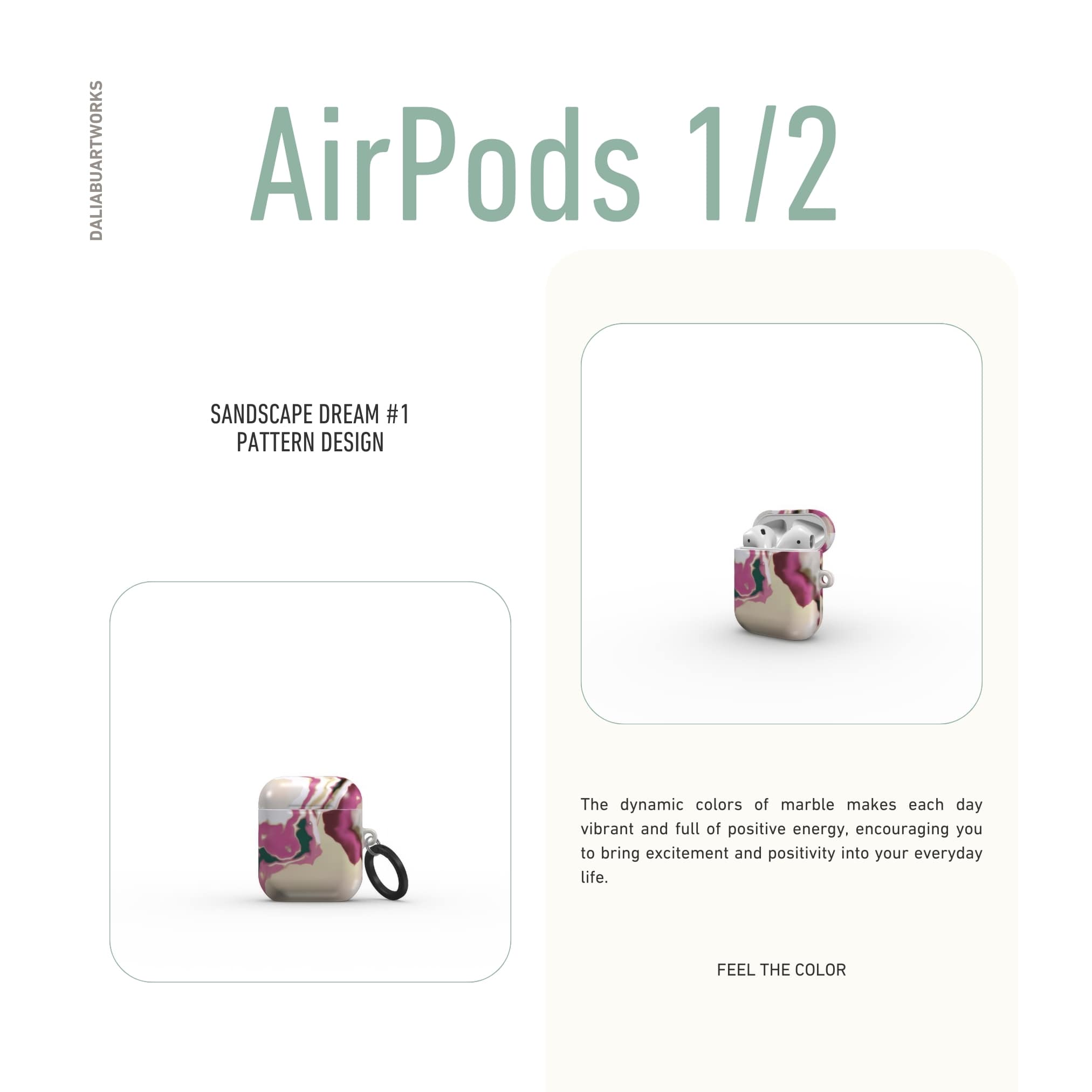 AirPods 1 and 2 tough case front view; Sandscape Dream pattern, artistic, abstract marble pattern. Beige and purple color combination.