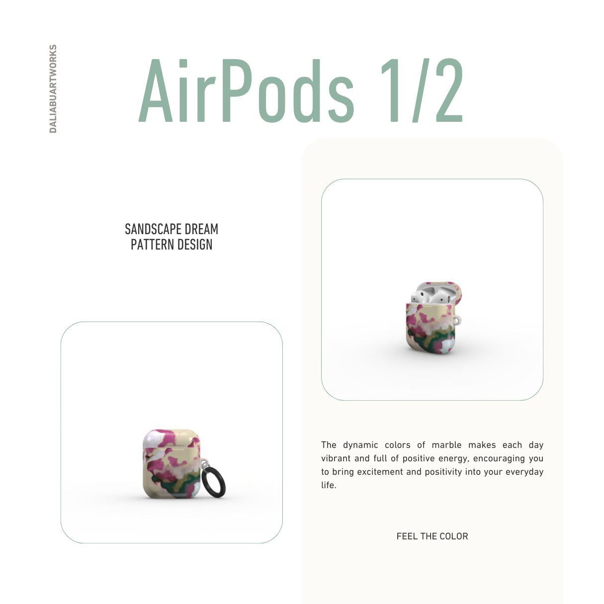 AirPods 1 and 2 tough case front view; Sandscape Dream pattern, artistic, abstract marble pattern. Beige and purple color combination.