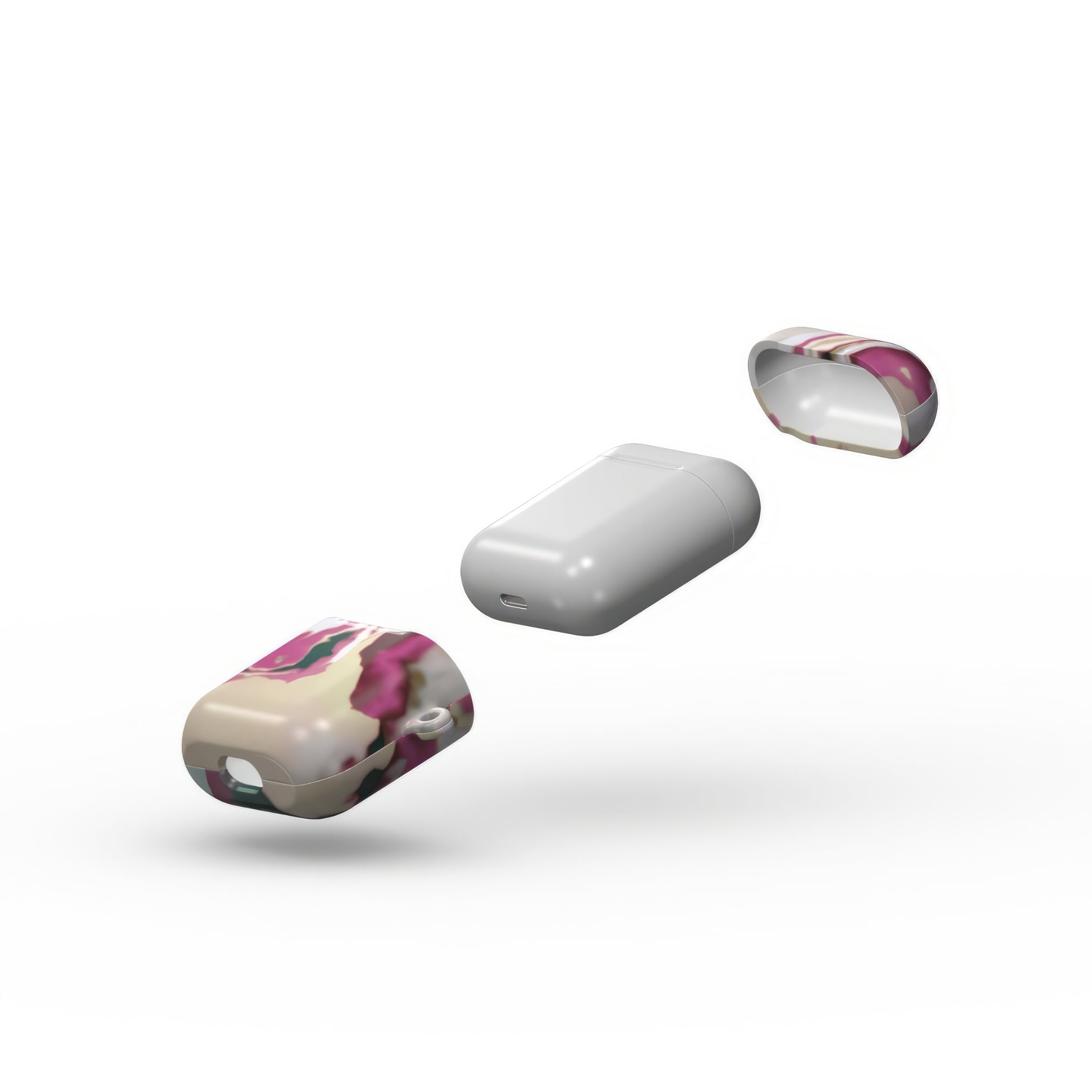 AirPods 1 and 2 tough case extend view; Sandscape Dream pattern, artistic, abstract marble pattern. Beige and purple color combination.
