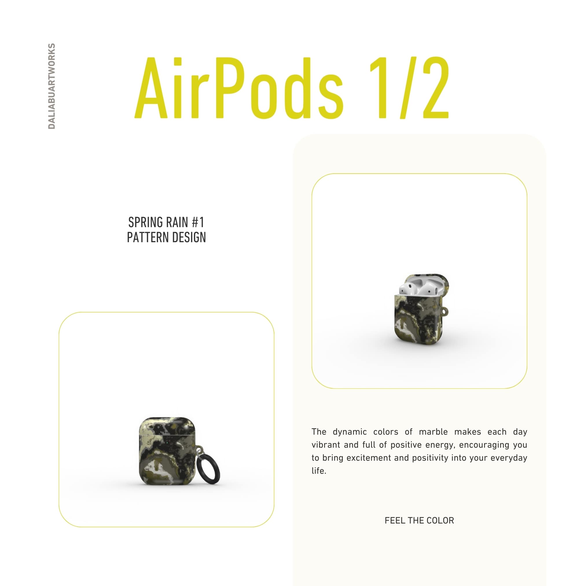 AirPods 1 and 2 tough case front view; Spring Rain 1 pattern, artistic, abstract marble pattern. Yellow, black and grey color combination.