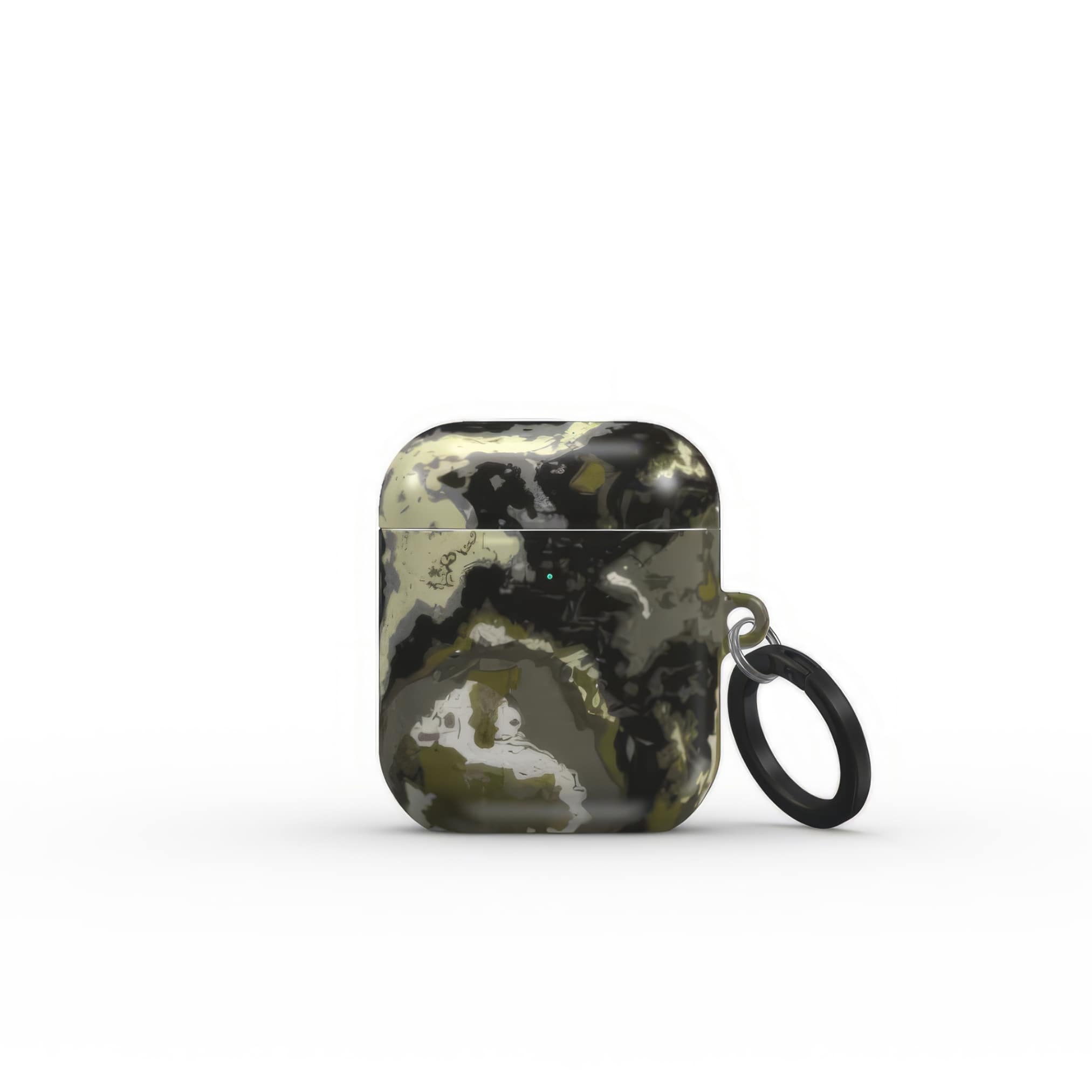 AirPods 1 and 2 tough case front view; Spring Rain 1 pattern, artistic, abstract marble pattern. Yellow, black and grey color combination. Bold expressive aesthetic design. Colorful and interior fit. Elegant.