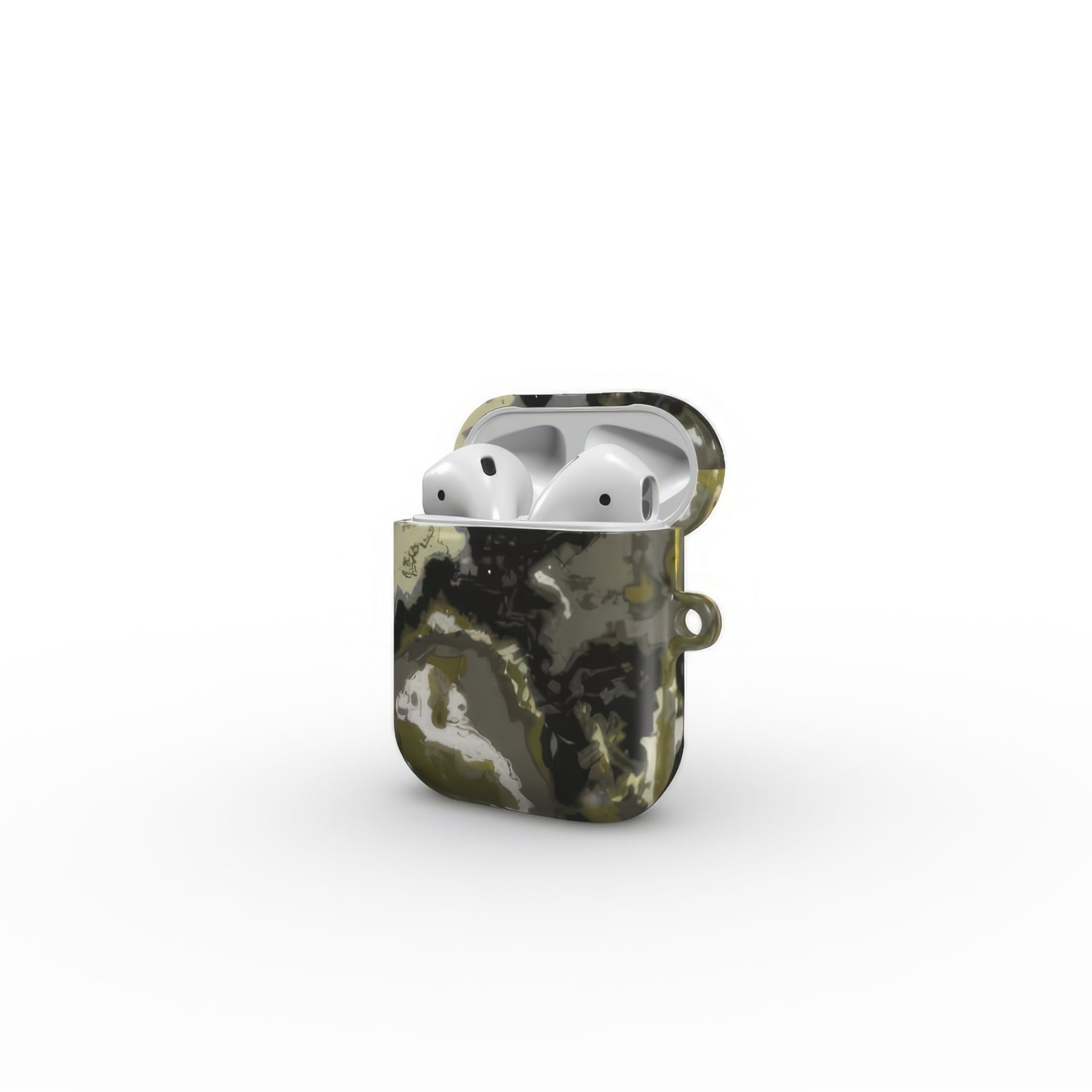 AirPods 1 and 2 tough case side open view; Spring Rain 1 pattern, artistic, abstract marble pattern. Yellow, black and grey color combination.