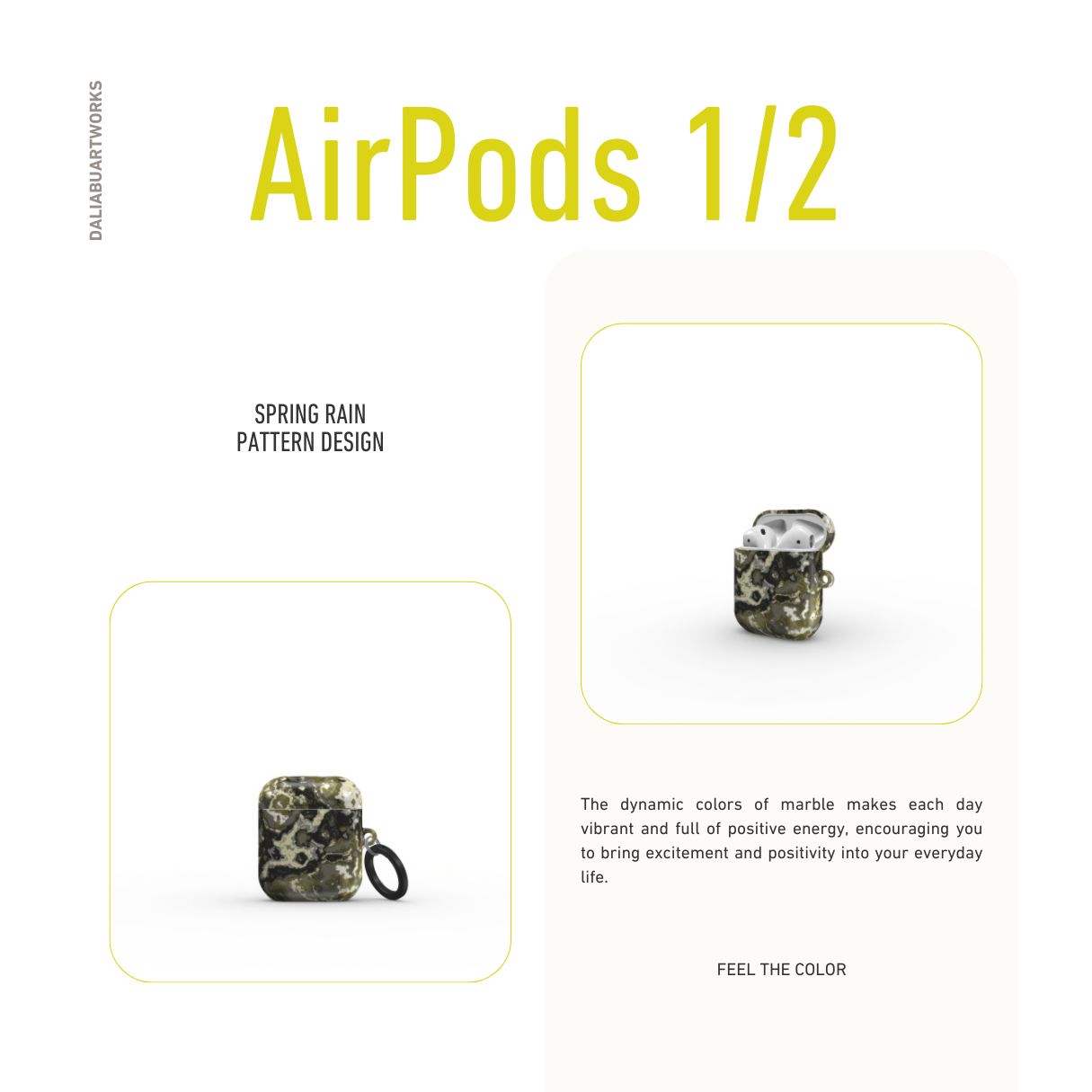AirPods 1 and 2 tough case front view; Spring Rain pattern, artistic, abstract marble pattern. Yellow, black and grey color combination.