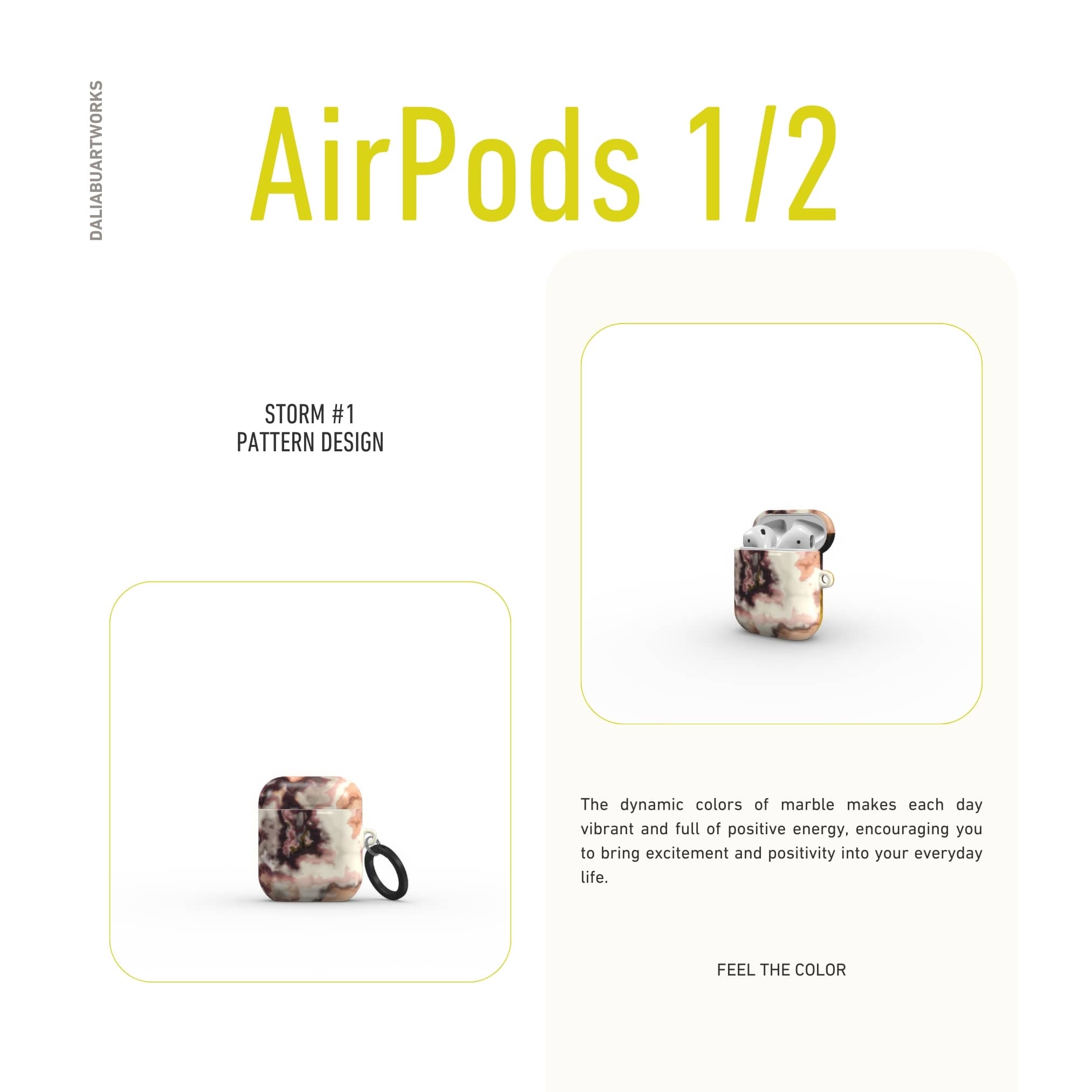 AirPods 1 and 2 tough case front view; storm 1 pattern, artistic, abstract marble pattern. Yellow and beige color combination.