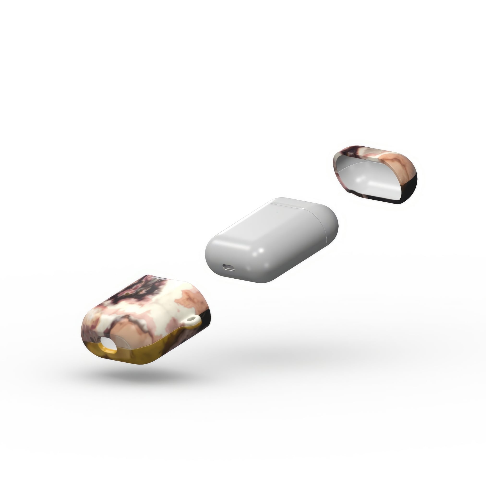 AirPods 1 and 2 tough case extend view; storm 1 pattern, artistic, abstract marble pattern. Yellow and beige color combination.