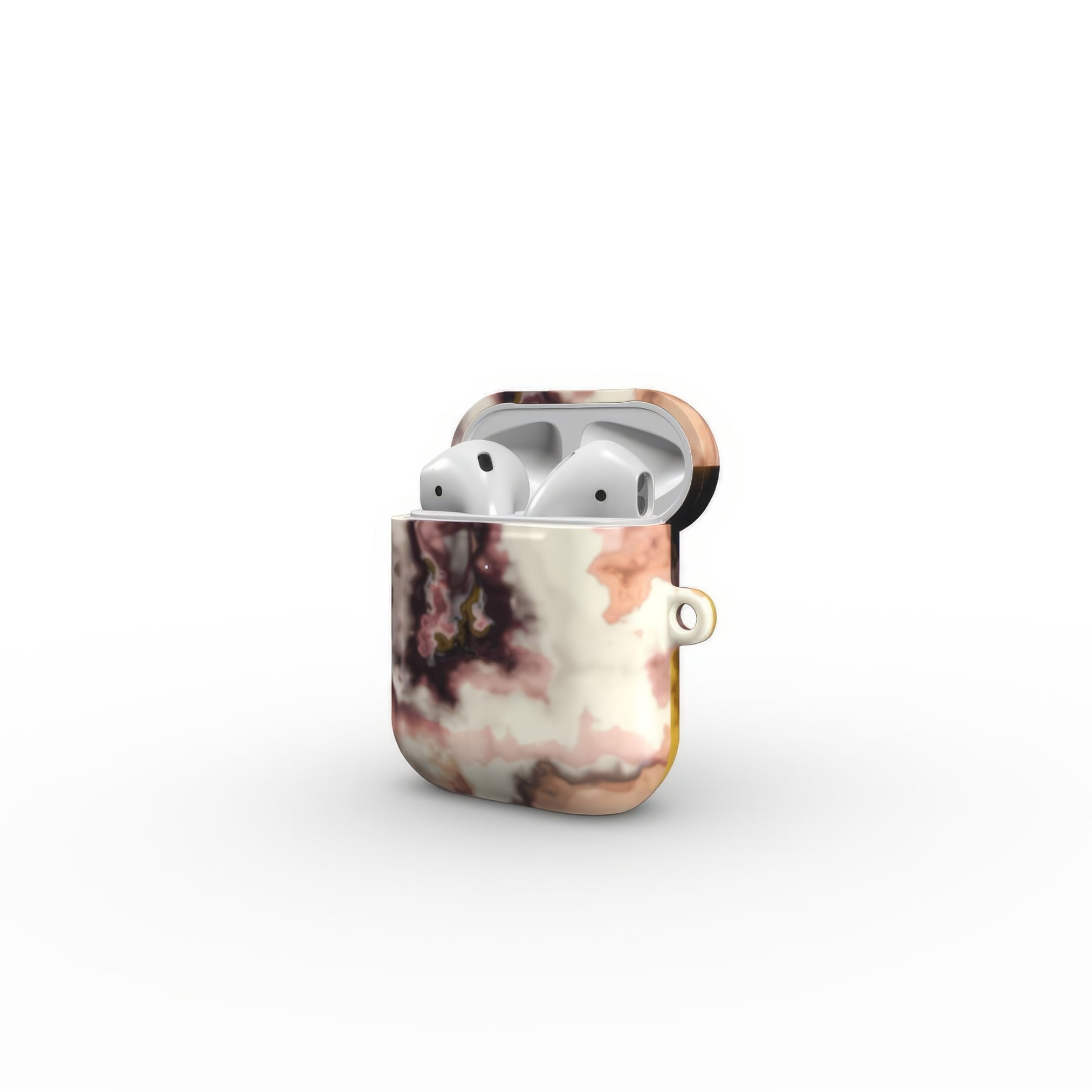 AirPods 1 and 2 tough case side open view; storm 1 pattern, artistic, abstract marble pattern. Yellow and beige color combination.