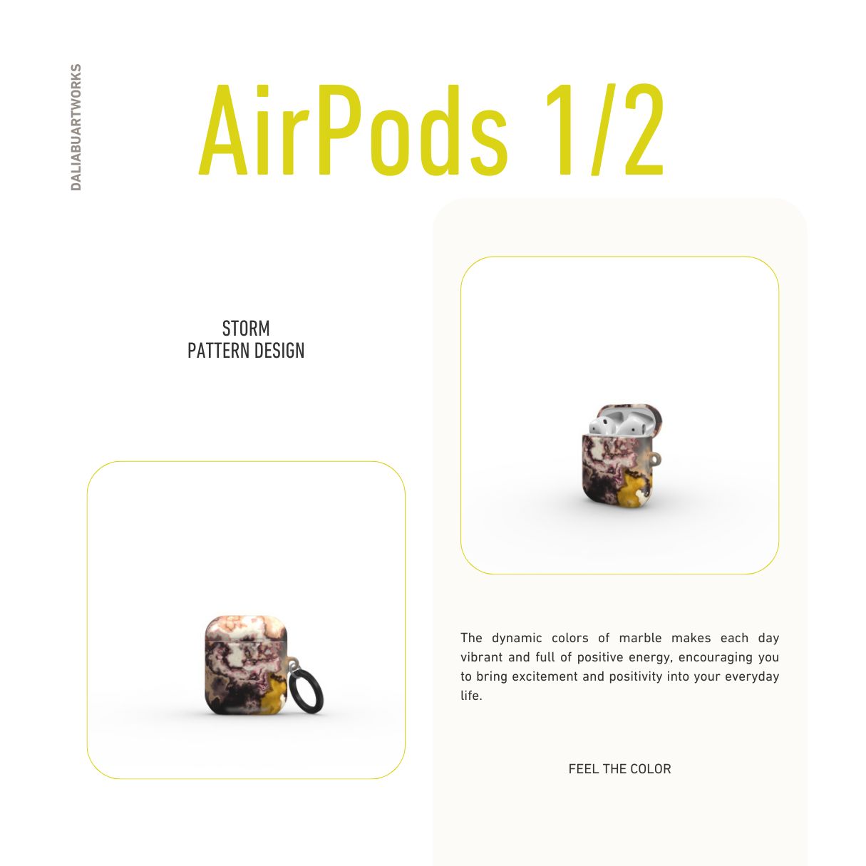 AirPods 1 and 2 tough case front view; Storm pattern, artistic, abstract marble pattern. Yellow and beige color combination.