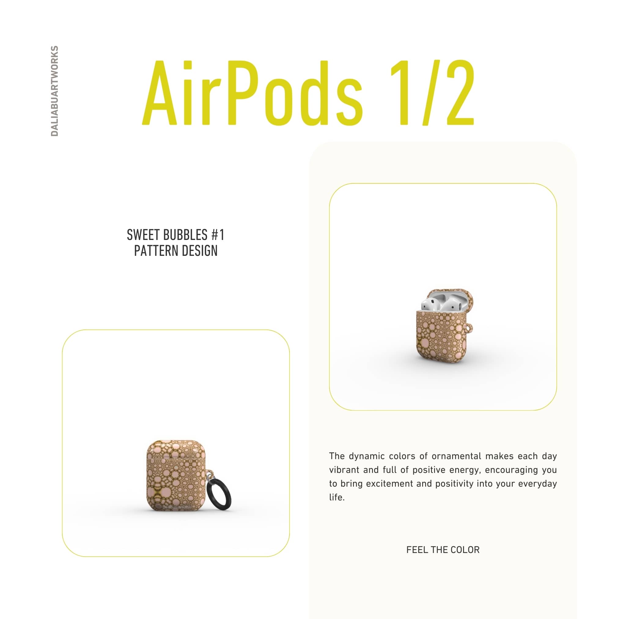 AirPods 1 and 2 case front view; sweet bubbles pattern, ornamental pattern; kaleidoscope pattern imagination.