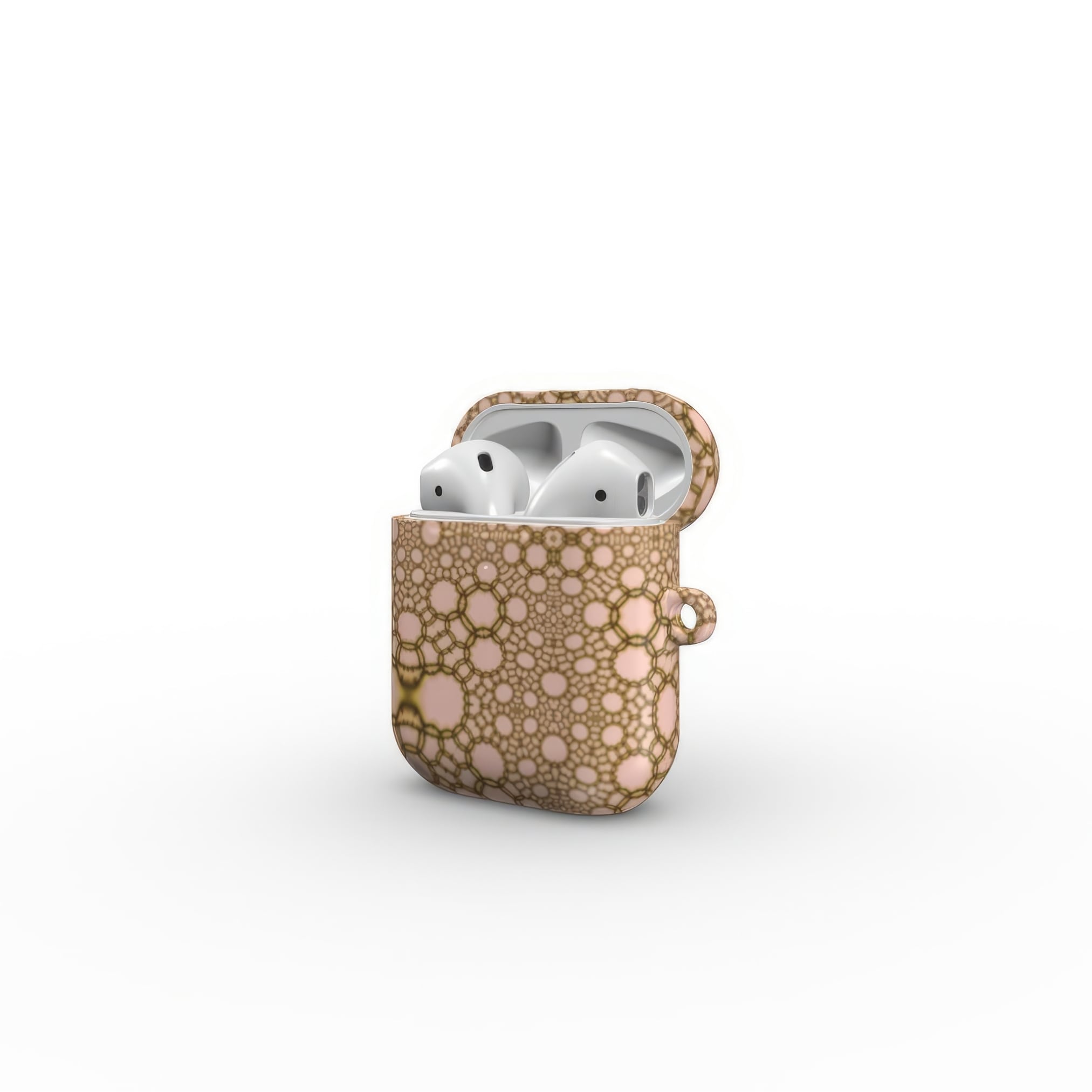 AirPods 1 and 2 case side open view; sweet bubbles pattern, ornamental pattern; kaleidoscope pattern imagination.