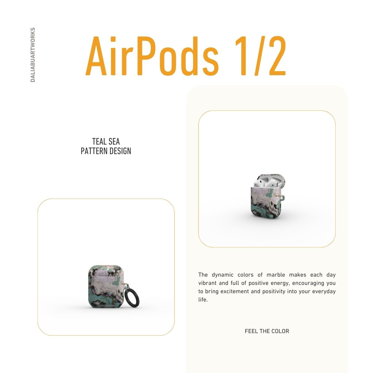 Apple AirPods 1/2 tough case with a bold vivid pattern in marble abstract and artistic style, featuring an elegant and expressive aesthetic design. Main colors are teal blue and light lilac. Description.