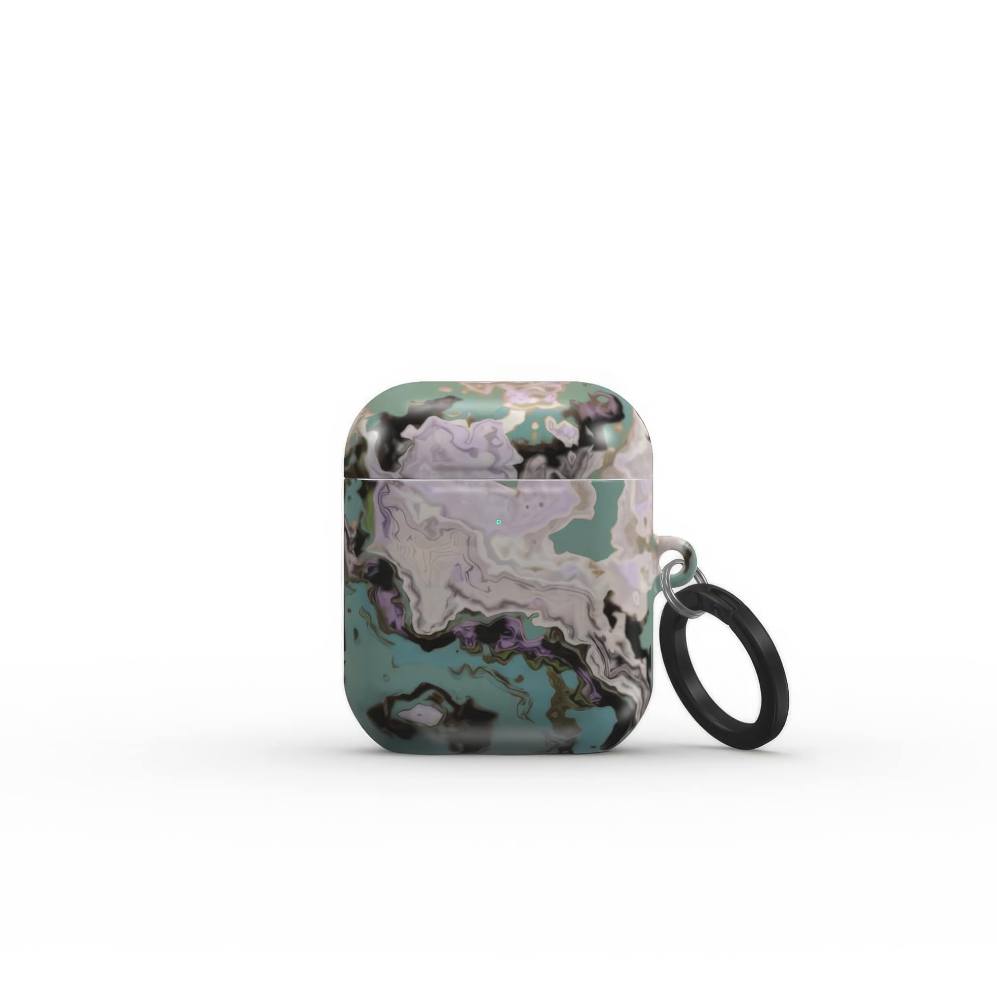 Apple AirPods 1/2 tough case with a bold vivid pattern in marble abstract and artistic style, featuring an elegant and expressive aesthetic design. Main colors are teal blue and light lilac. Front view.