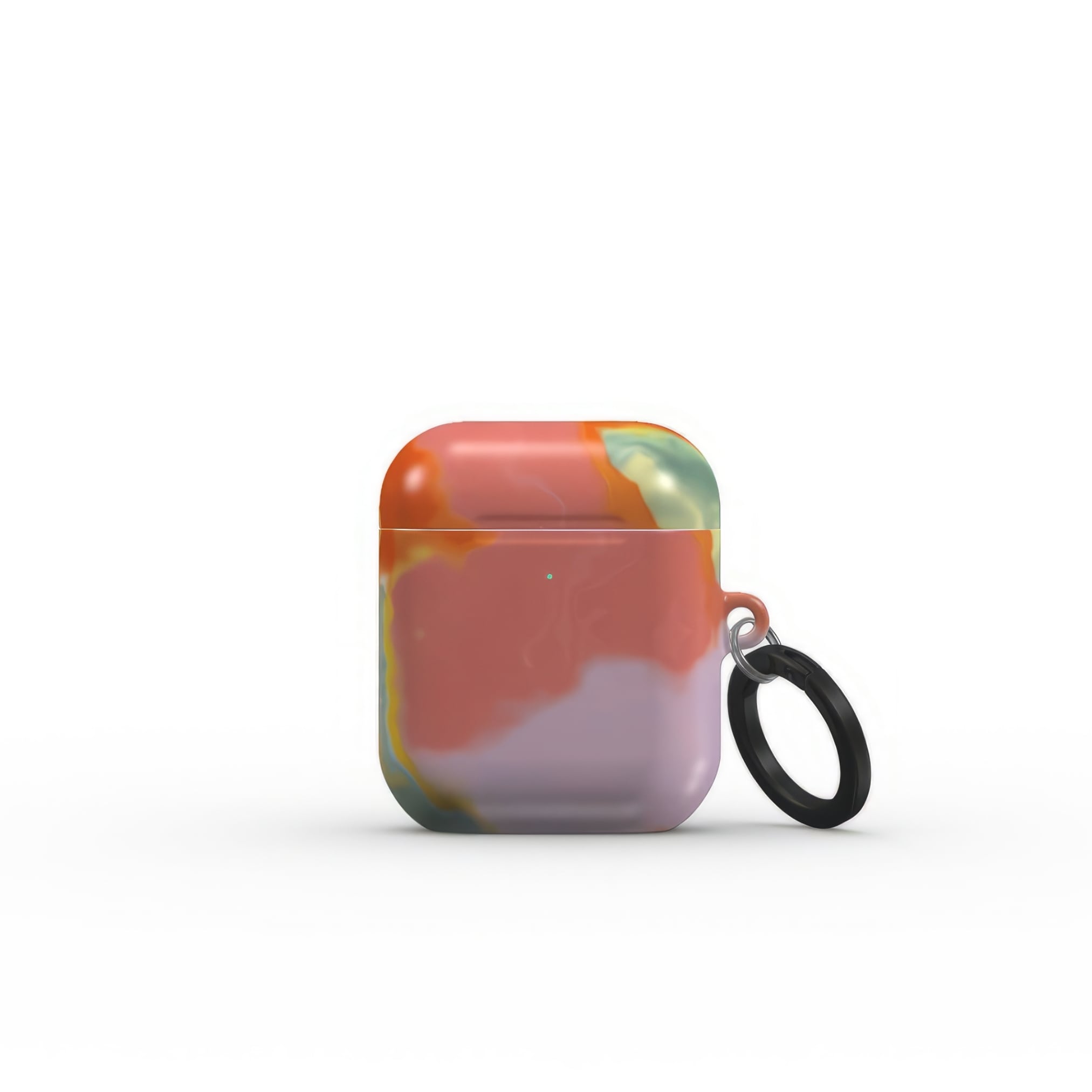AirPods 1 and 2 tough case front view; Tropical 1 pattern, artistic, abstract marble pattern. Orange and purple color combination.