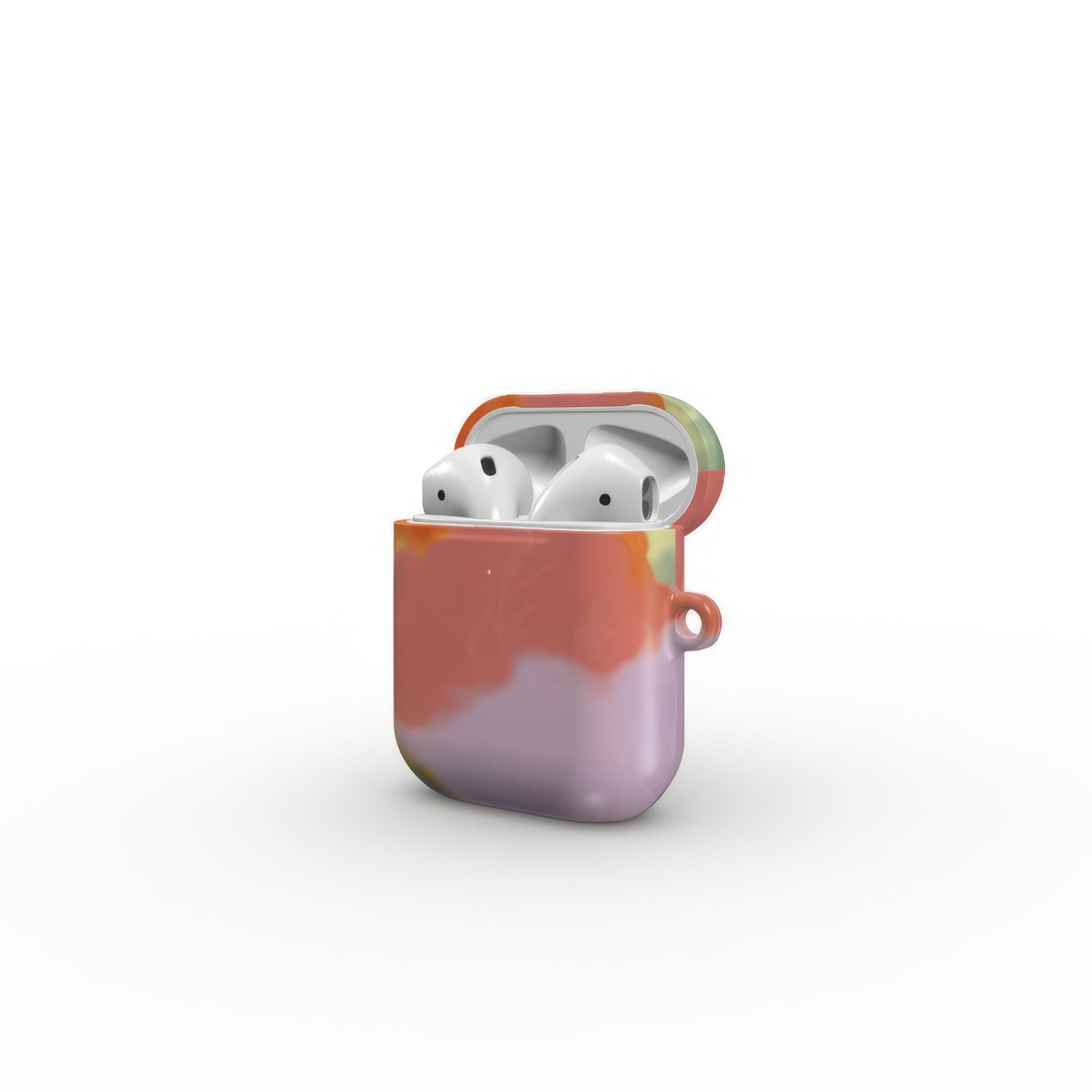AirPods 1 and 2 tough case open side view; Tropical 1 pattern, artistic, abstract marble pattern. Orange and purple color combination.