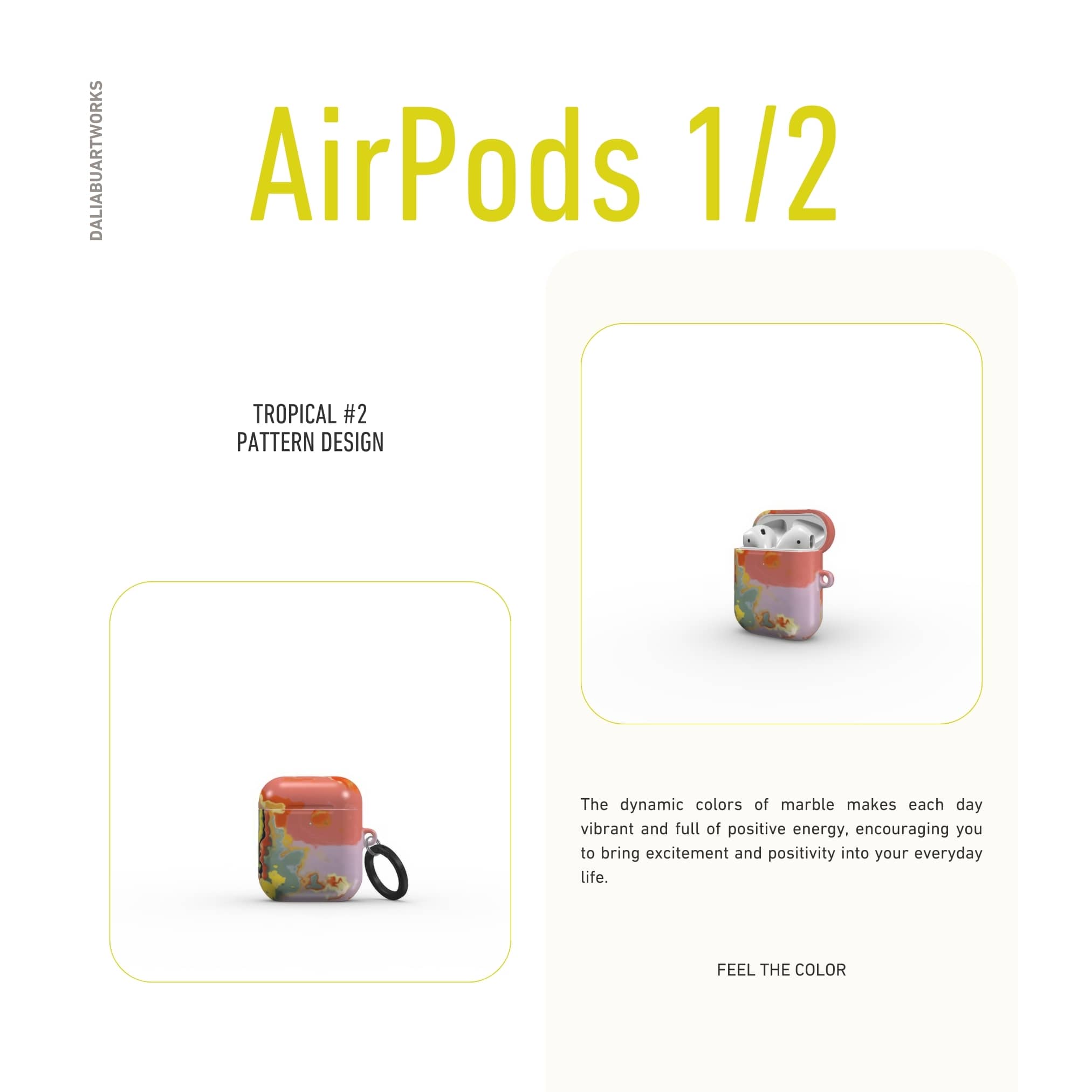 AirPods 1 and 2 case closed front view; Tropical 2 pattern, artistic, abstract marble pattern. Orange and green color combination.