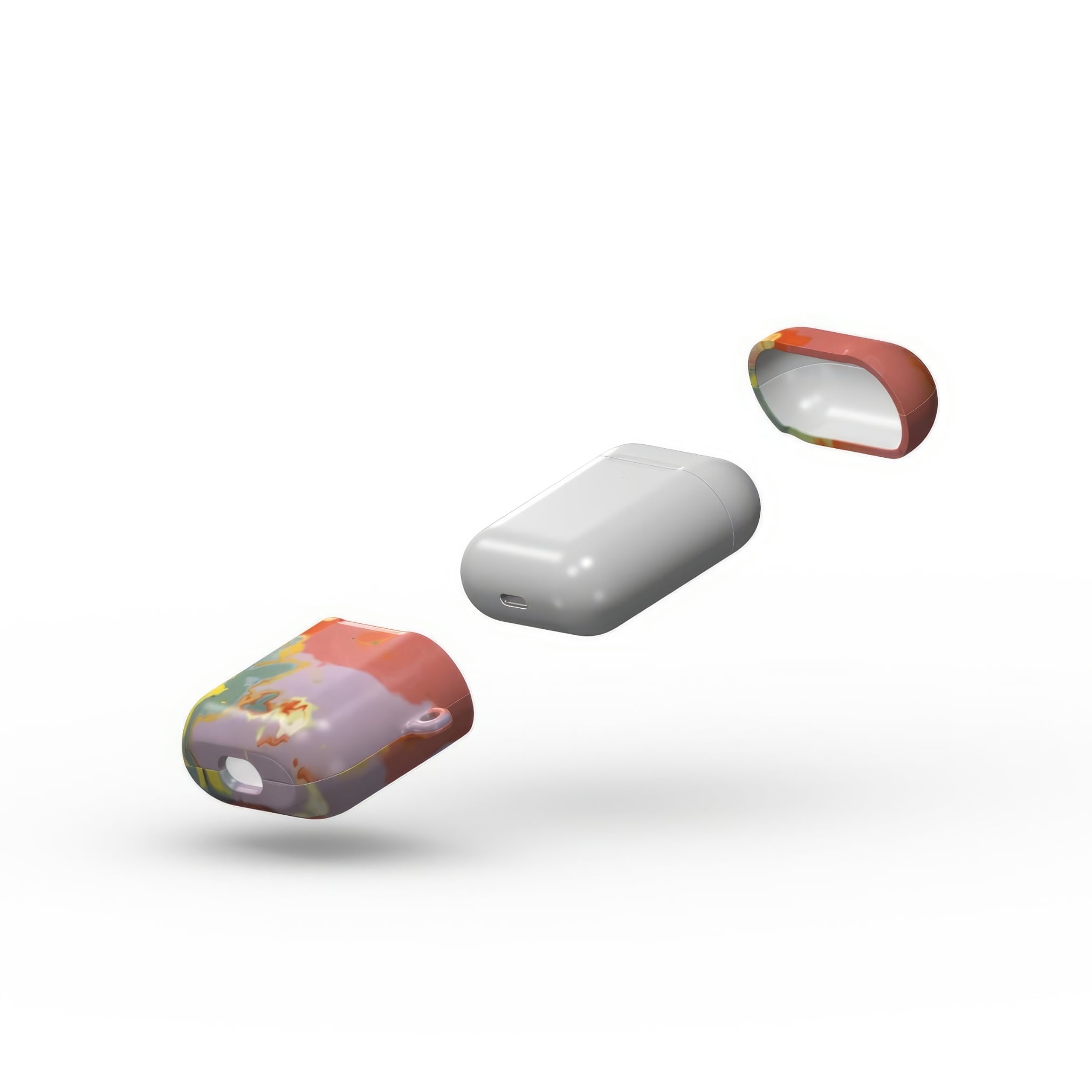 AirPods 1 and 2 case extend view; Tropical 2 pattern, artistic, abstract marble pattern. Orange and green color combination.