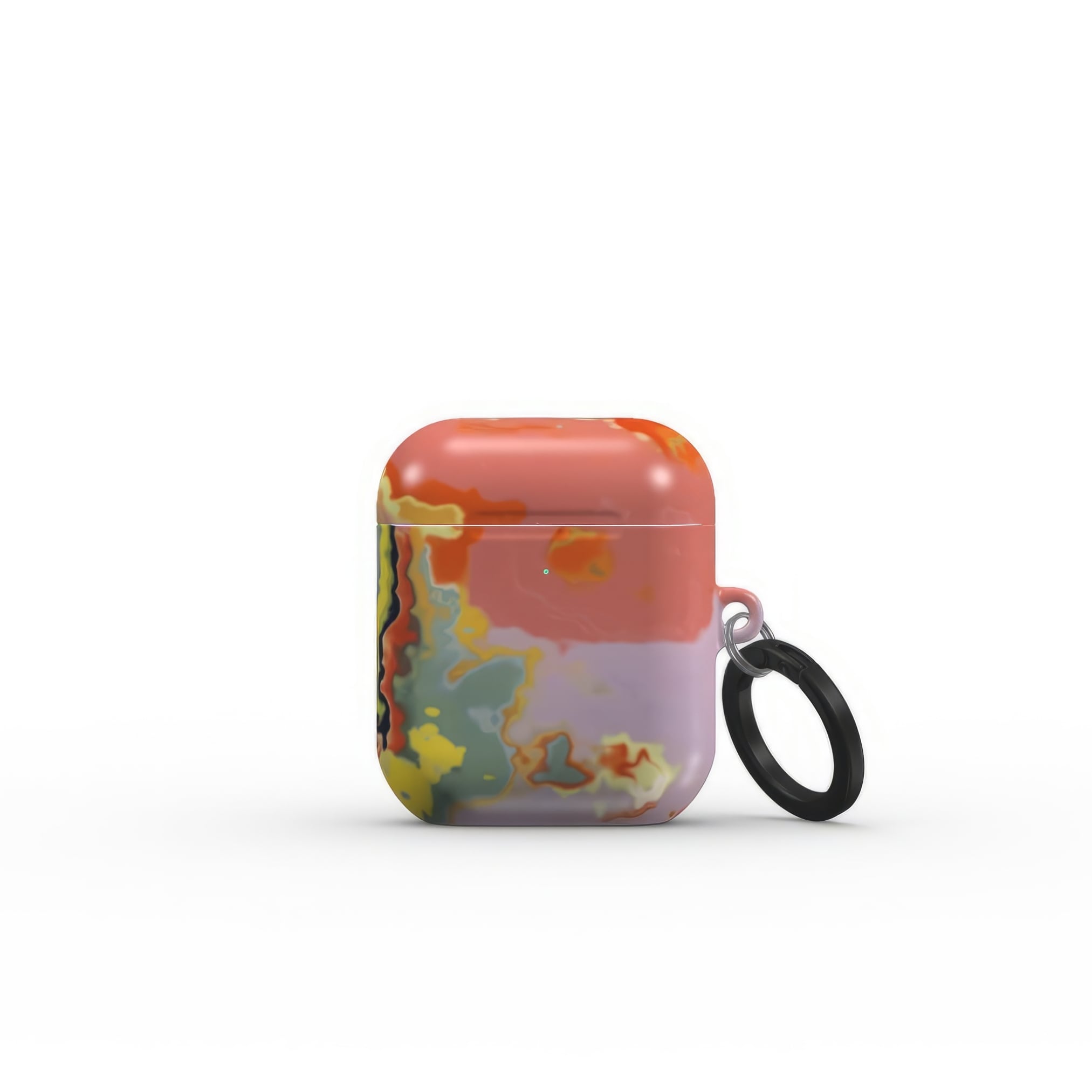 AirPods 1 and 2 case closed front view; Tropical 2 pattern, artistic, abstract marble pattern. Orange and green color combination. Bold expressive aesthetic design. Colorful and interior fit. Elegant.