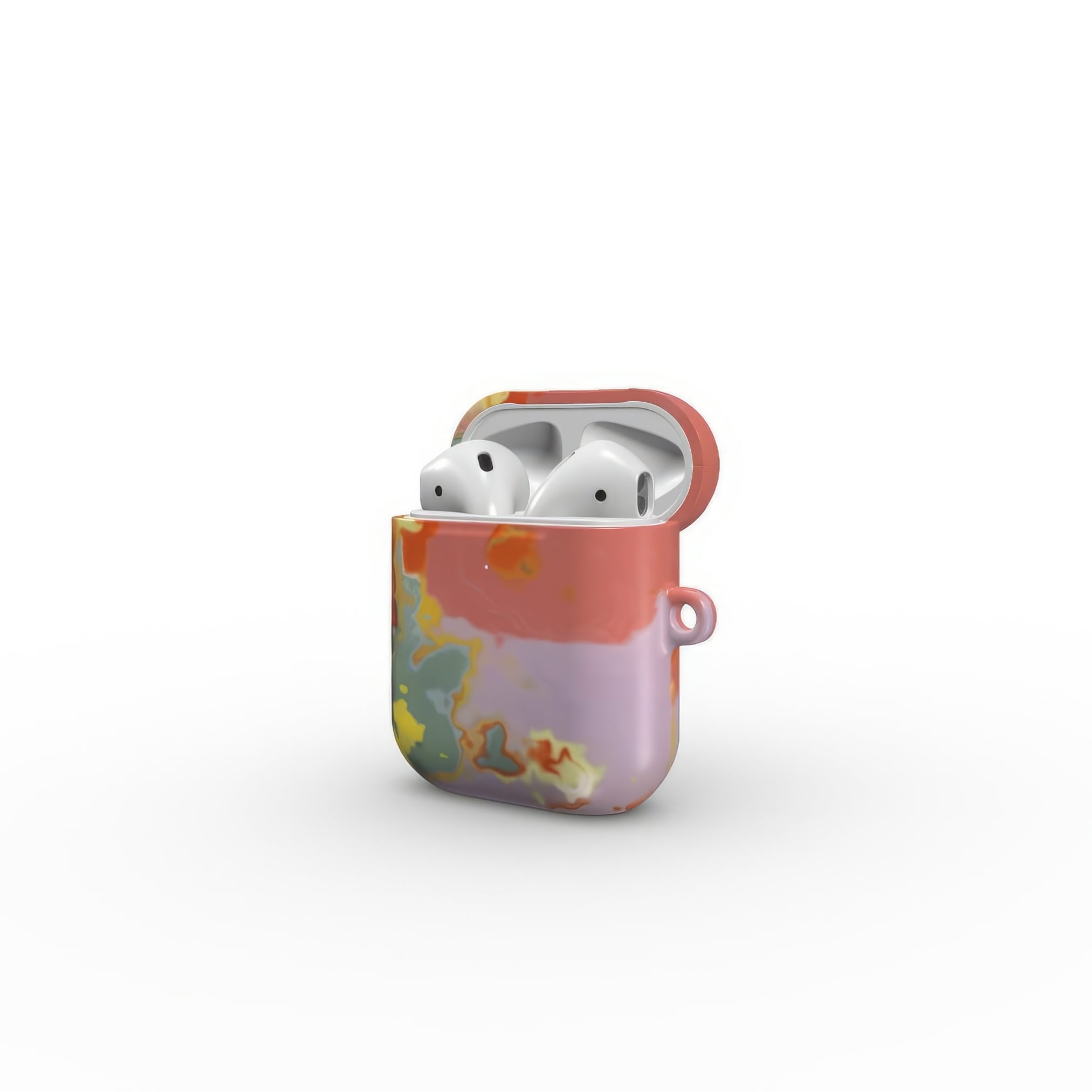 AirPods 1 and 2 case side open view; Tropical 2 pattern, artistic, abstract marble pattern. Orange and green color combination.