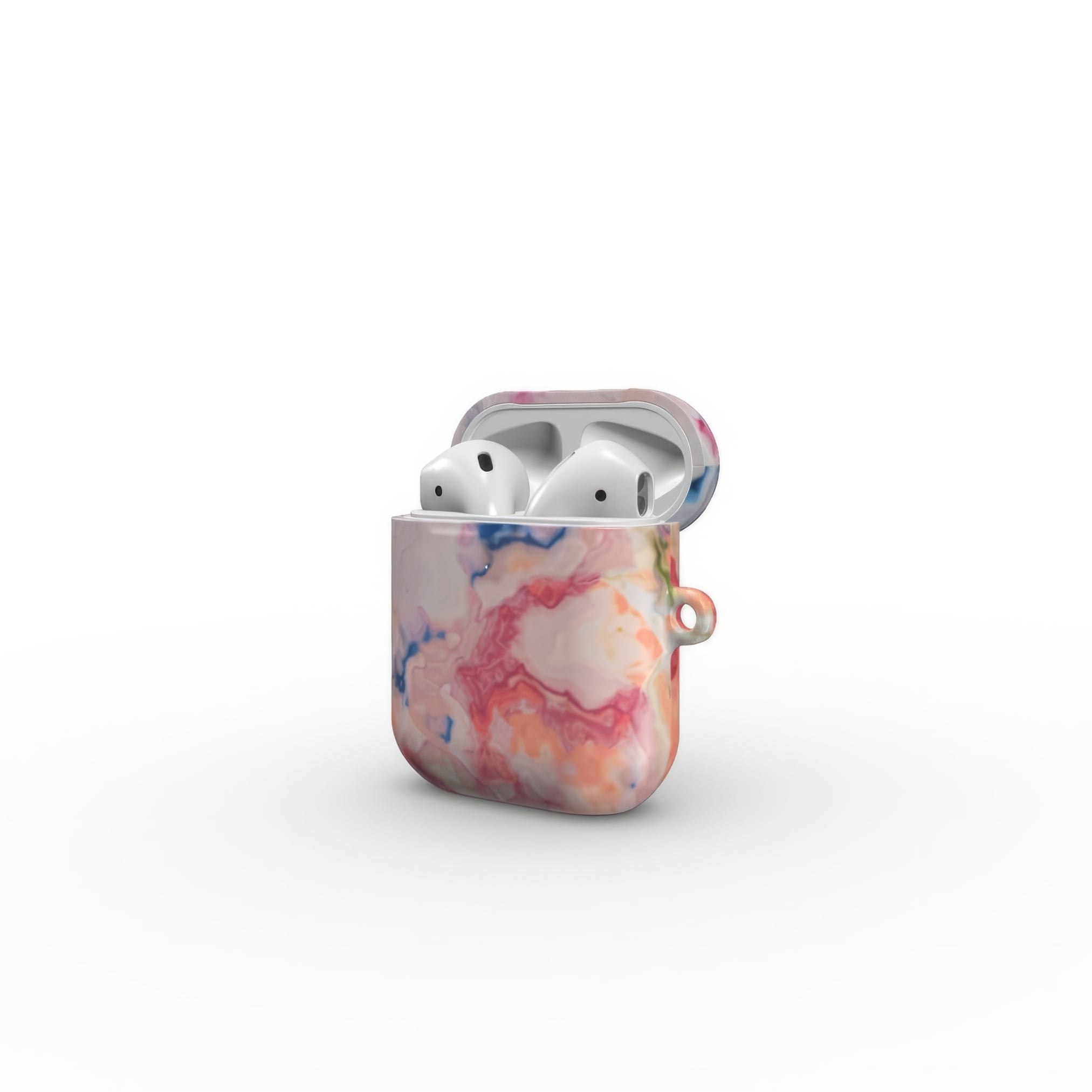 Ultra thin AirPods 1 and 2 tough case with a bold vivid pattern Ufo 1 in marble abstract and artistic style, featuring an elegant and expressive aesthetic design. Main colors are blue, orange and red. Side view.