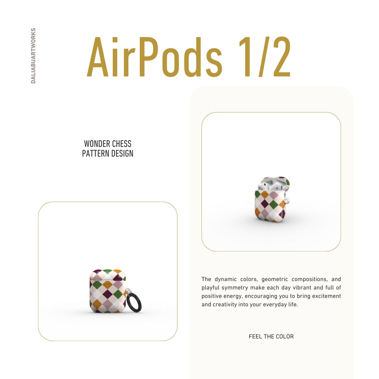 AirPods 1 and 2 hard shell ultra thin case Wonder Chess pattern design with a dynamic geometric symmetry in chess style, featuring an elegant and expressive aesthetic design. Main colors are sugar brown, green, deep cherry and pink. Front view.