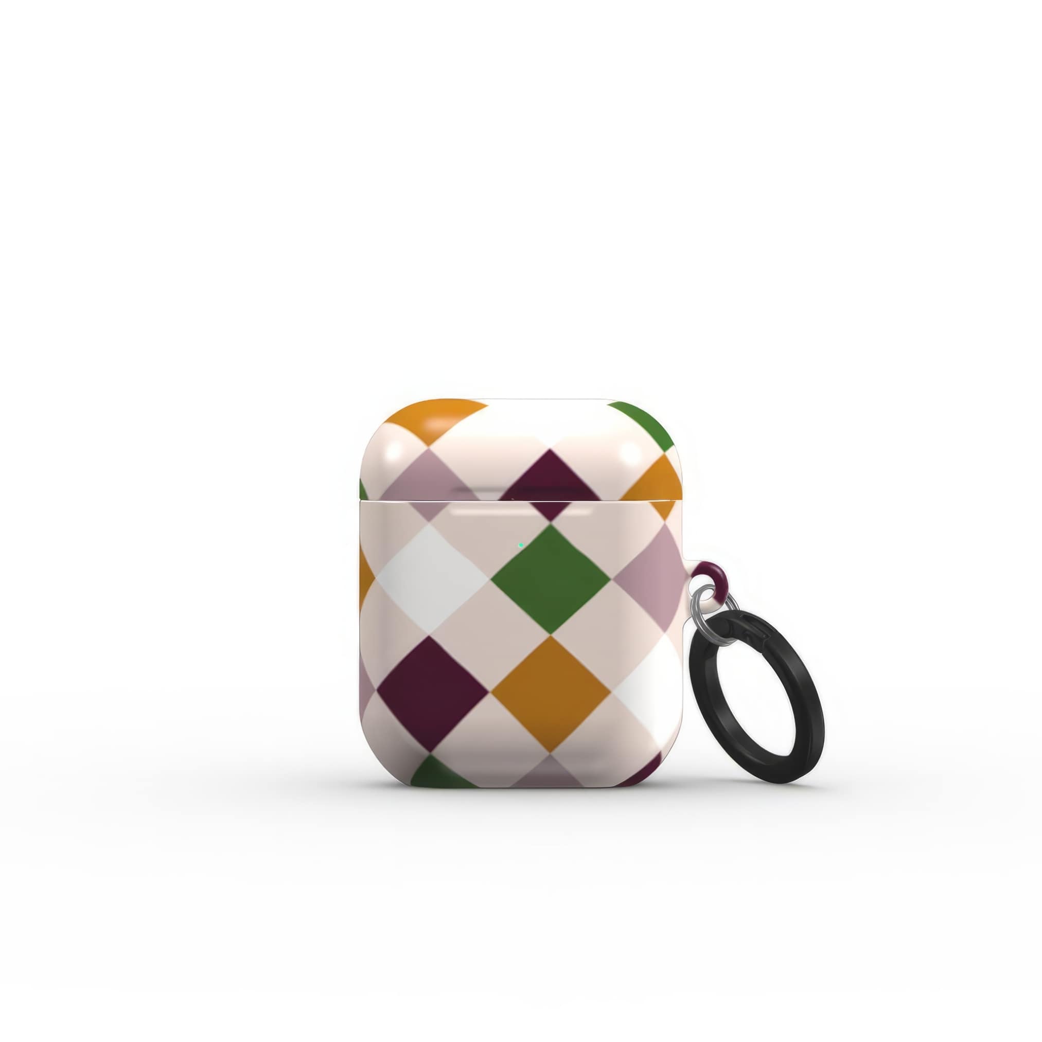AirPods 1 and 2 hard shell ultra thin case Wonder Chess pattern design with a dynamic geometric symmetry in chess style, featuring an elegant and expressive aesthetic design. Main colors are sugar brown, green, deep cherry and pink. Closed front view.