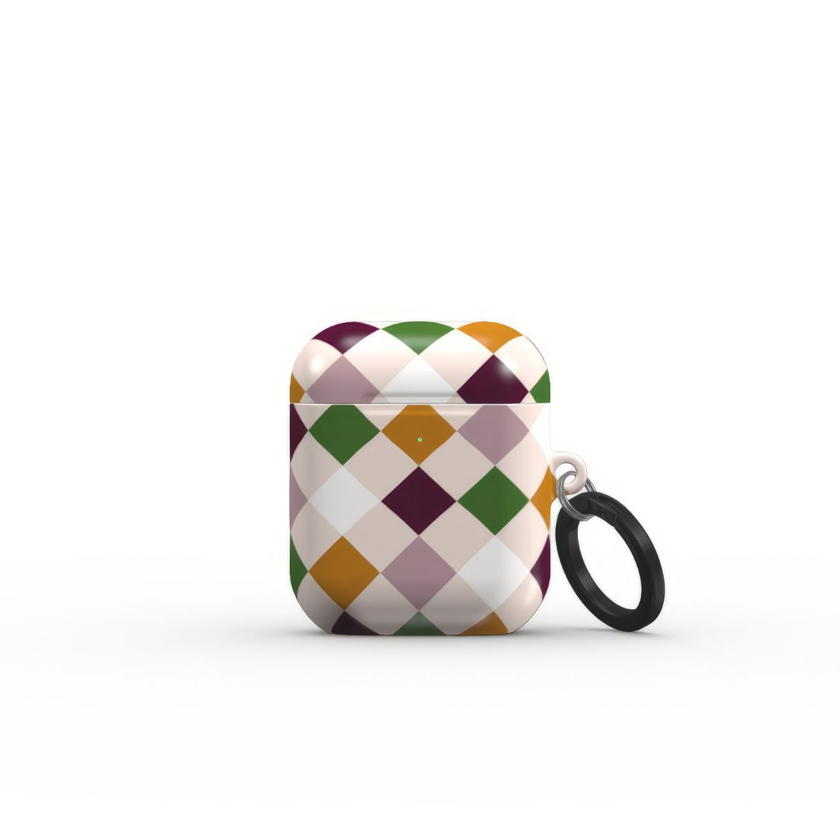 AirPods 1 and 2 hard shell ultra thin case Wonder Chess pattern design with a dynamic geometric symmetry in chess style, featuring an elegant and expressive aesthetic design. Main colors are sugar brown, green, deep cherry and pink. Closed front view.