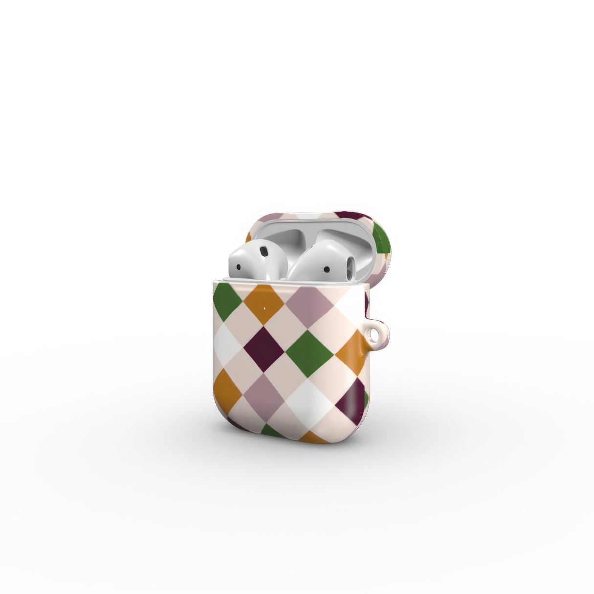 AirPods 1 and 2 hard shell ultra thin case Wonder Chess pattern design with a dynamic geometric symmetry in chess style, featuring an elegant and expressive aesthetic design. Main colors are sugar brown, green, deep cherry and pink. Side open view.