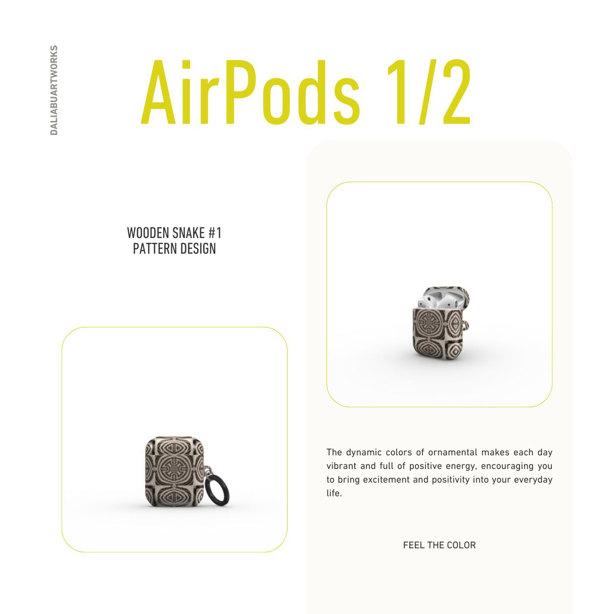 AirPods 1 and 2 case front view; Wooden Snake 1 pattern, ornamental pattern; kaleidoscope pattern imagination. Brown color.