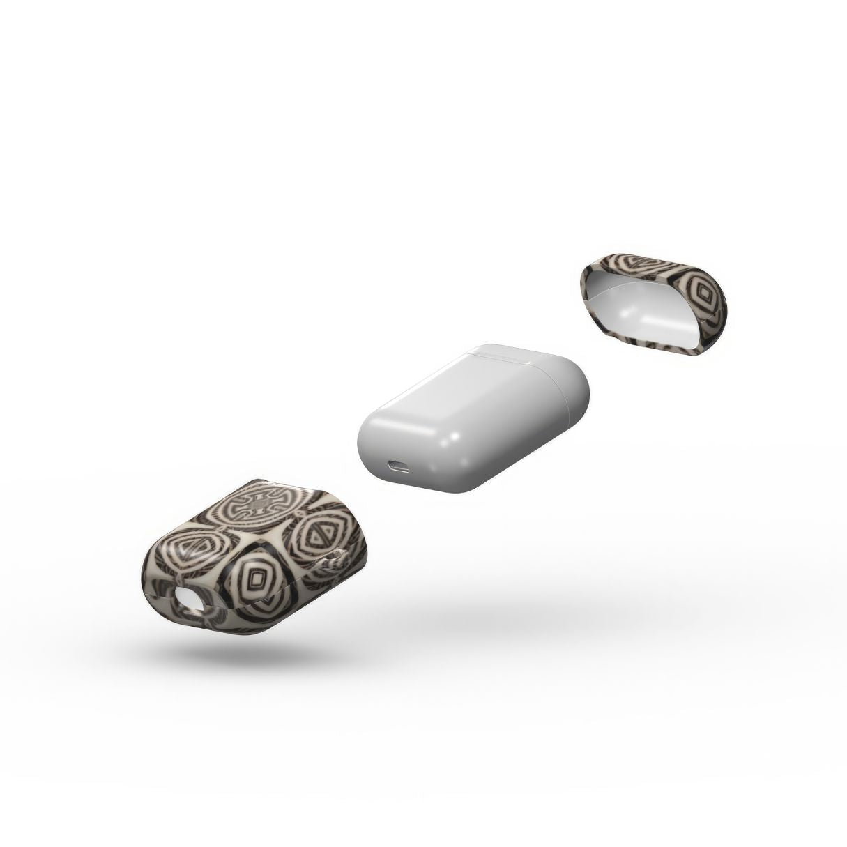 AirPods 1 and 2 case extend view; Wooden Snake 1 pattern, ornamental pattern; kaleidoscope pattern imagination. Brown color.