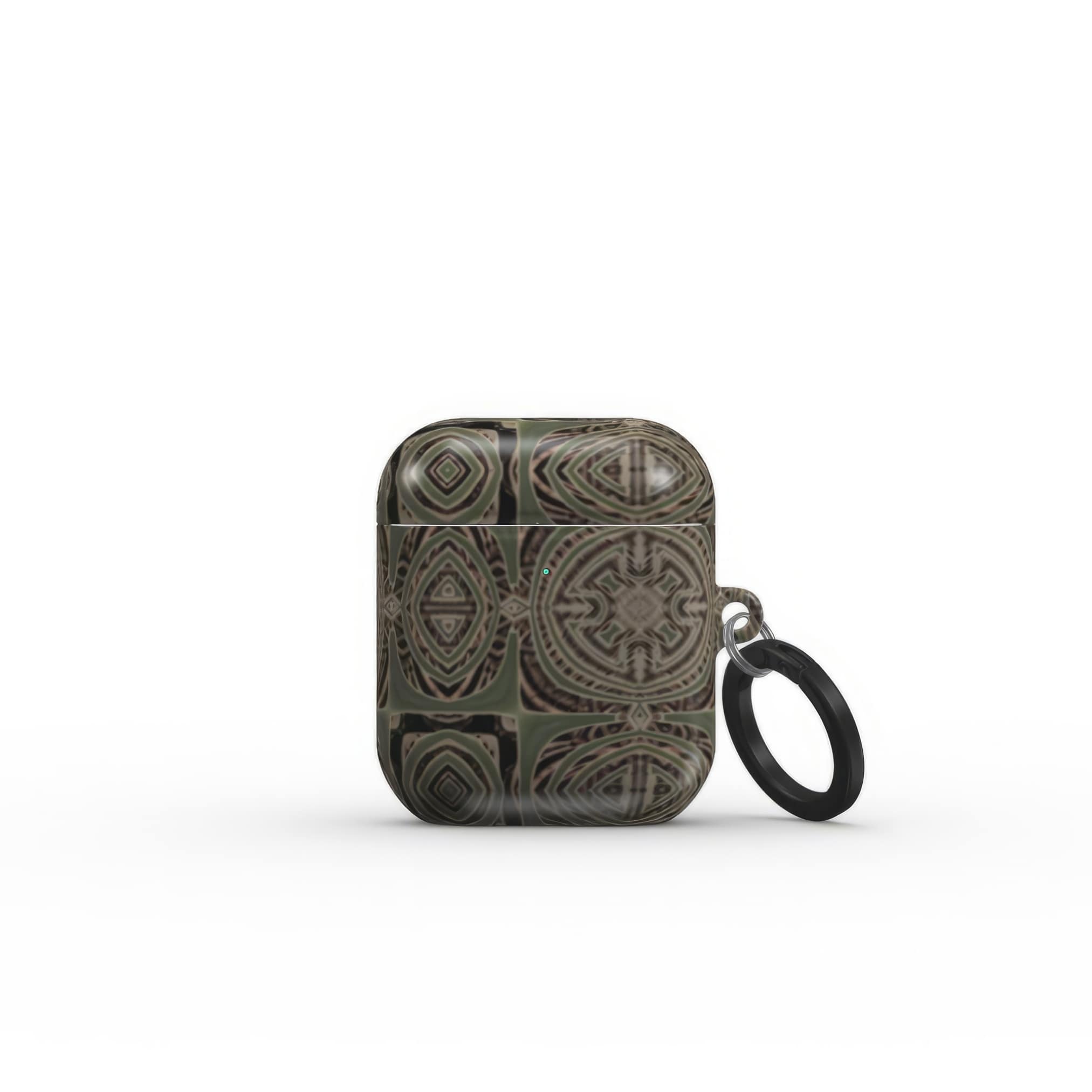 AirPods 1 and 2 case front view; wooden snake 3 pattern, ornamental pattern; kaleidoscope pattern imagination. Green color. Bold expressive aesthetic design. Colorful and interior fit. Elegant.
