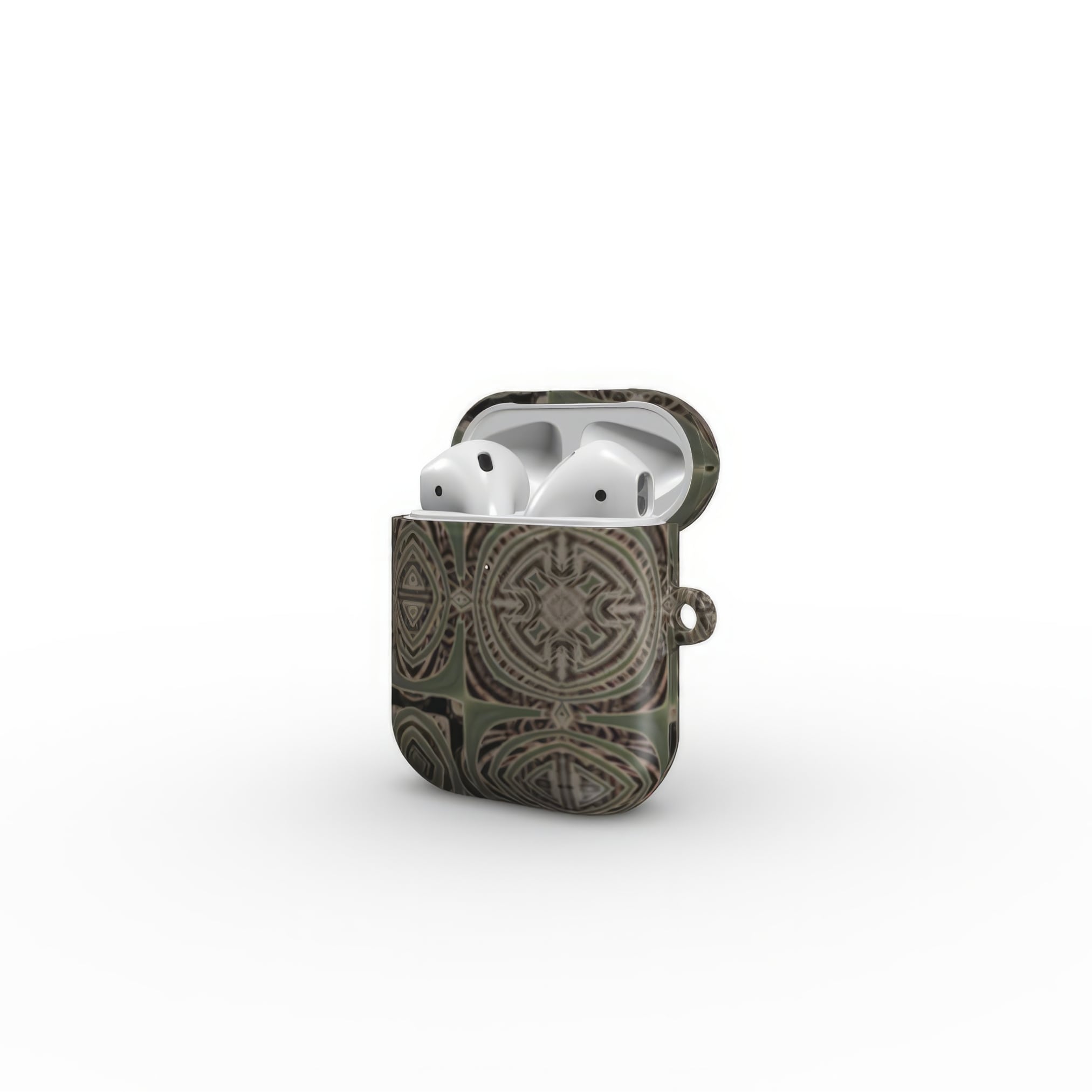 AirPods 1 and 2 case side open view; wooden snake 3 pattern, ornamental pattern; kaleidoscope pattern imagination. Green color.