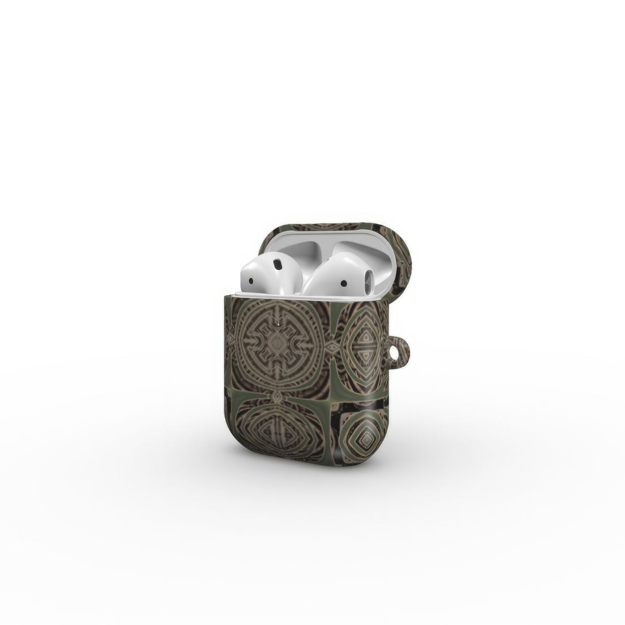 AirPods 1 and 2 case side open view; Wooden Snake 3 pattern, ornamental pattern; kaleidoscope pattern imagination. Green color.