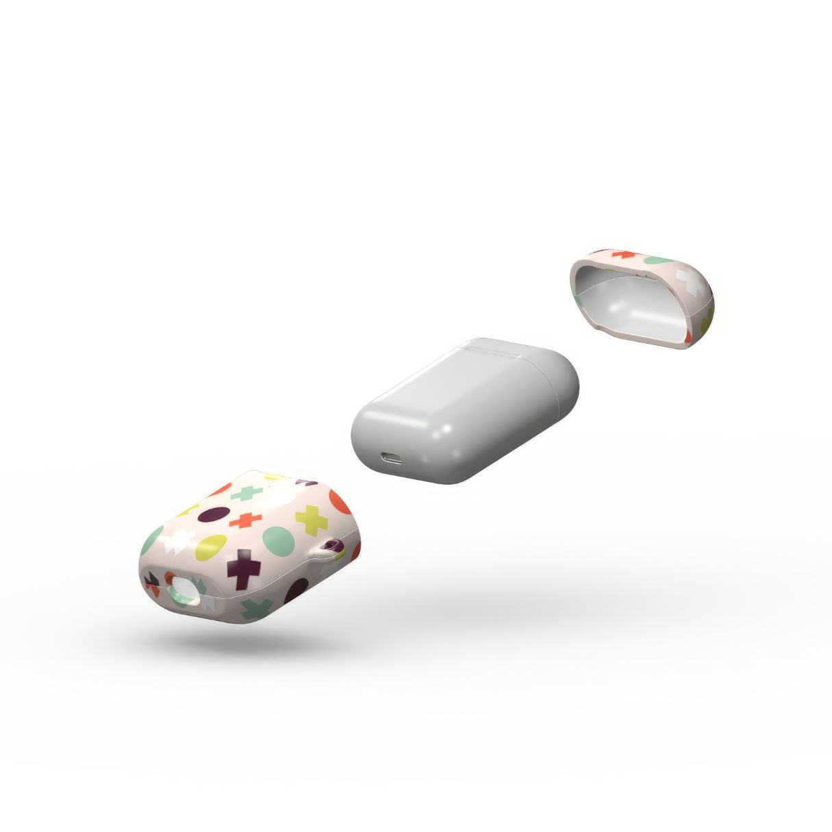 AirPods 1 and 2 tough hard shell case XOXO pattern design with a circles and cross modern style, featuring an elegant and expressive aesthetic design. Main colors are orange red, purple, yellow and mint. Extend view.