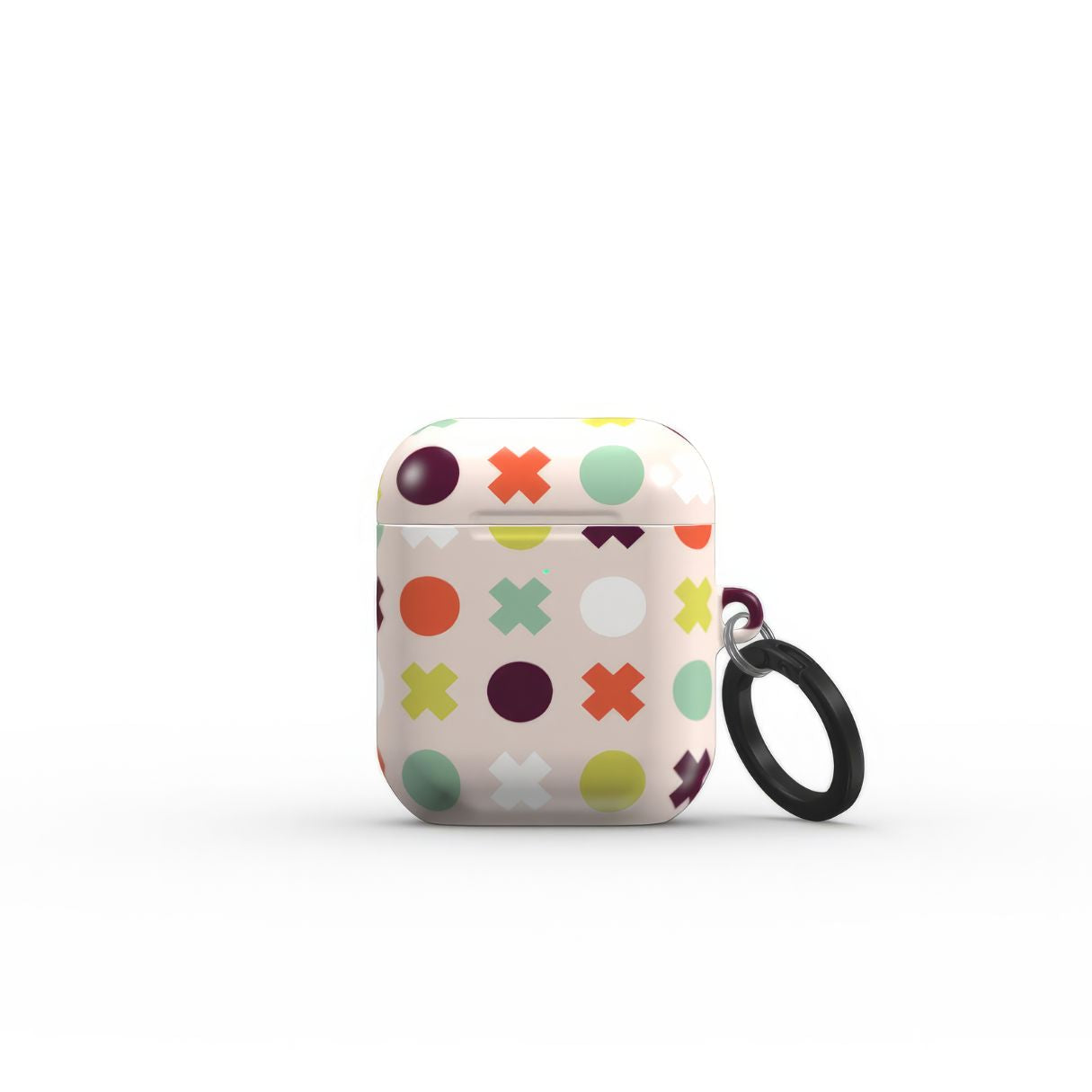 AirPods 1 and 2 tough hard shell case XOXO pattern design with a circles and cross modern style, featuring an elegant and expressive aesthetic design. Main colors are orange red, purple, yellow and mint. Front closed view.