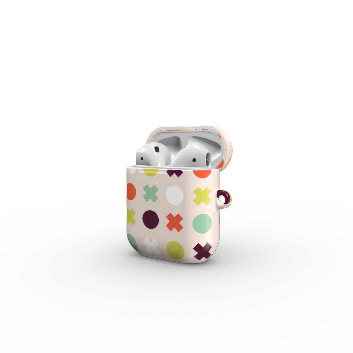 AirPods 1 and 2 tough hard shell case XOXO pattern design with a circles and cross modern style, featuring an elegant and expressive aesthetic design. Main colors are orange red, purple, yellow and mint. Extend view.