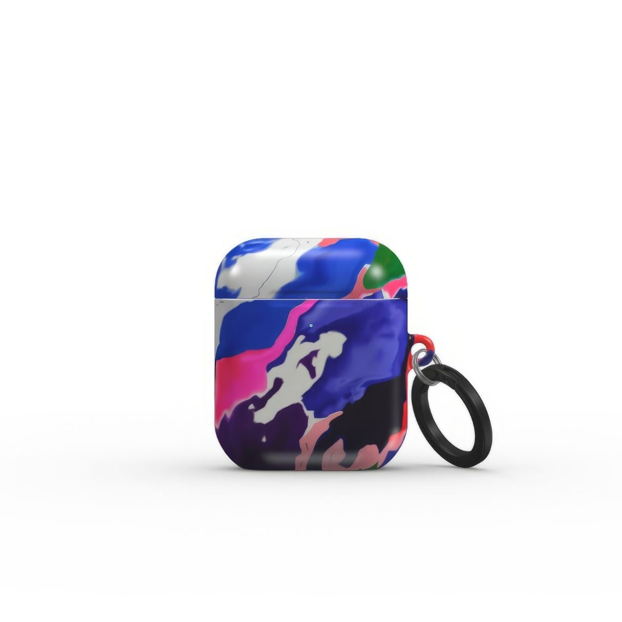 AirPods 1/2 tough case front view; Nebula Drift pattern, artistic, abstract marble pattern. Blue and purple color combination. Bold expressive aesthetic design. Colorful and interior fit. Elegant.
