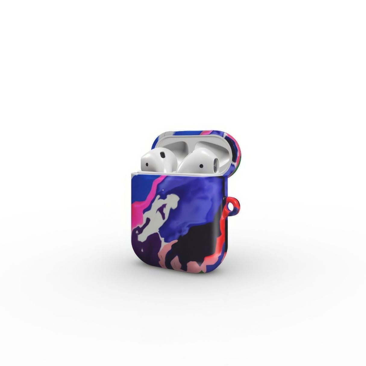 AirPods 1/2 tough case side open view; Nebula Drift pattern, artistic, abstract marble pattern. Blue and purple color combination. Bold expressive aesthetic design. Colorful and interior fit. Elegant.