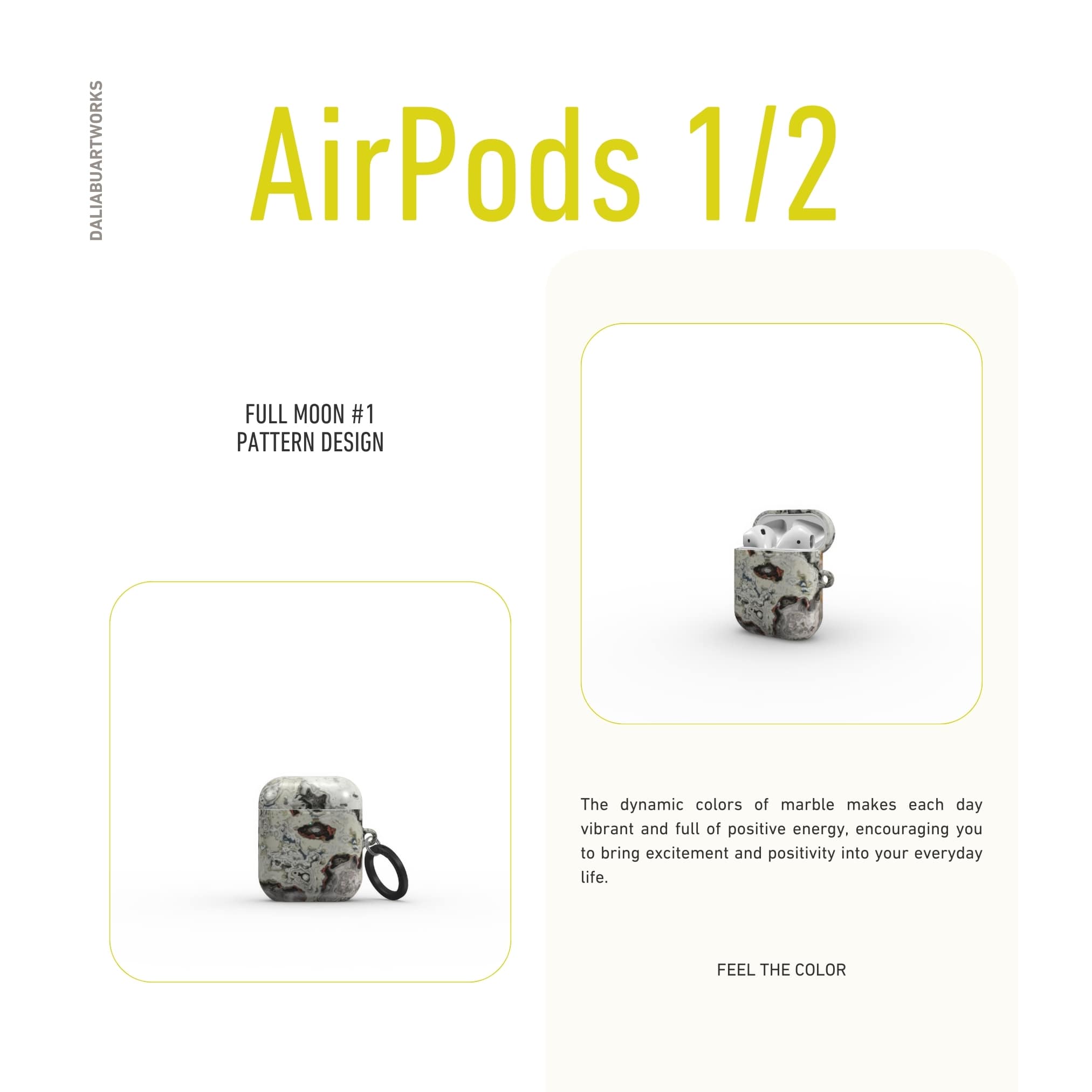AirPods 1 and 2 case front view; full moon 1 pattern, marble pattern; moon surface imagination.