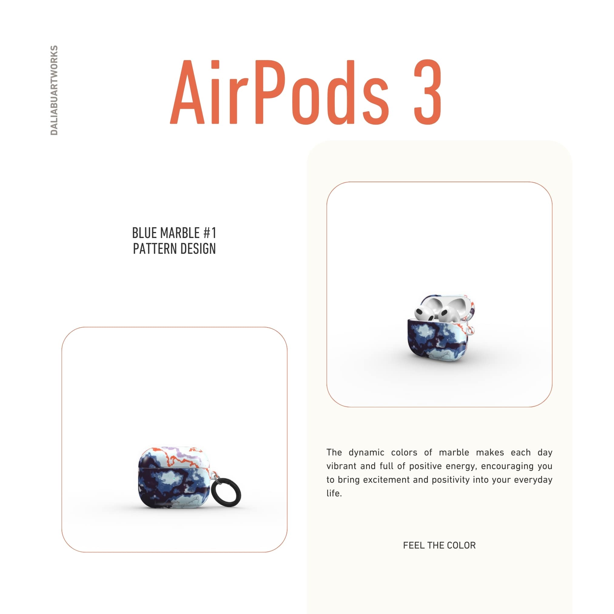 AirPods 3 tough case front view; Blue Marble 1 pattern, artistic, abstract marble pattern. Dark blue and light blue with some red lines color combination.