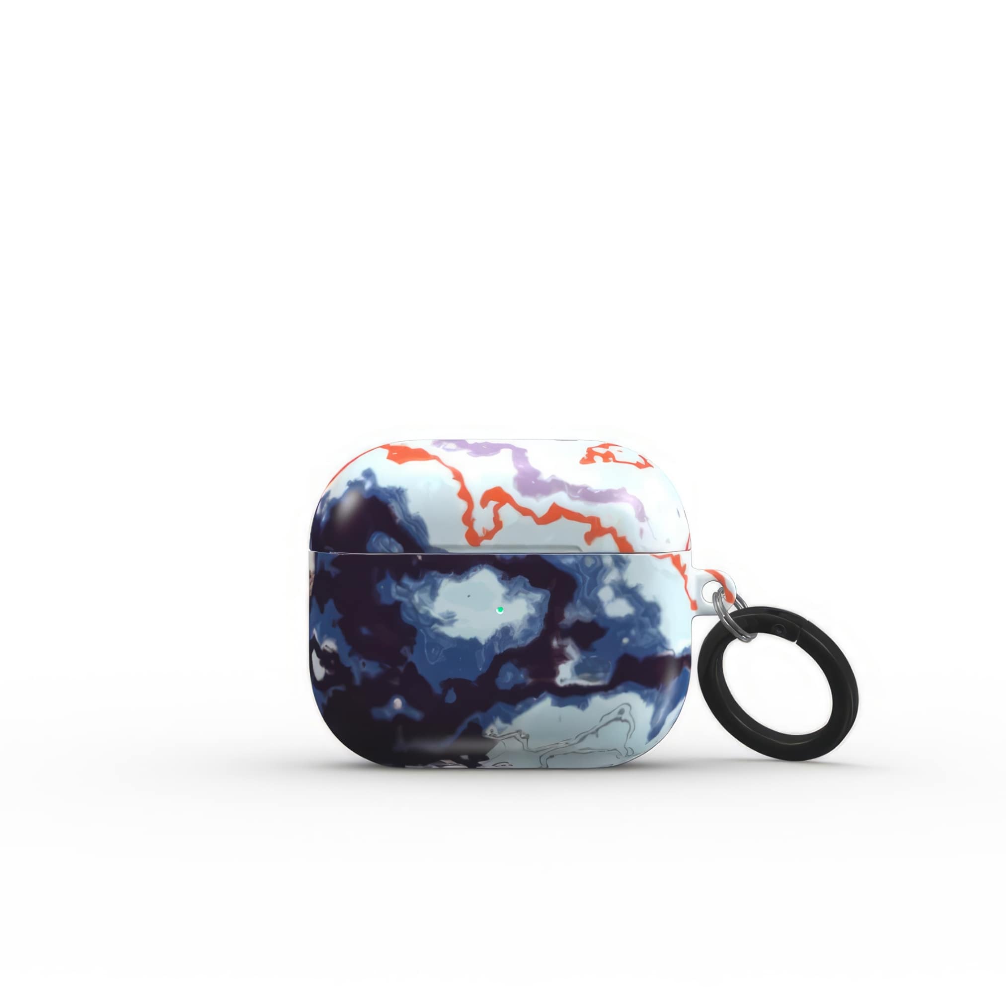 AirPods 3 tough case front view; Blue Marble 1 pattern, artistic, abstract marble pattern. Dark blue and light blue with some red lines color combination. Bold expressive aesthetic design. Colorful and interior fit. Elegant.